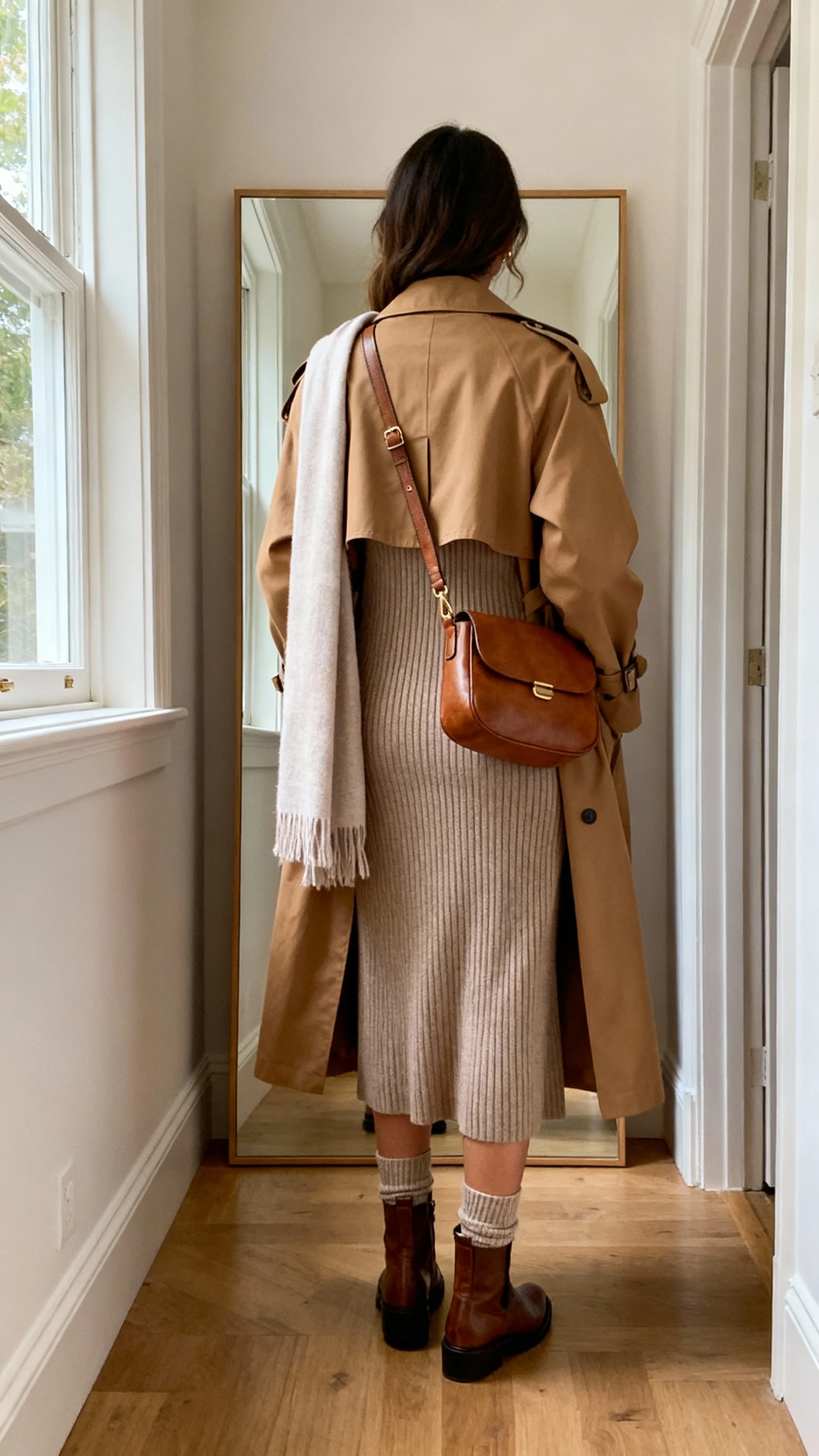 iPhone back-view photo of a woman wearing a ribbed knit midi dress under a classic camel trench, ankle sock boots, crossbody leather bag, and a light scarf draped over the strap; face not visible, hallway full-length mirror, natural daylight from window, iPhone photo quality.