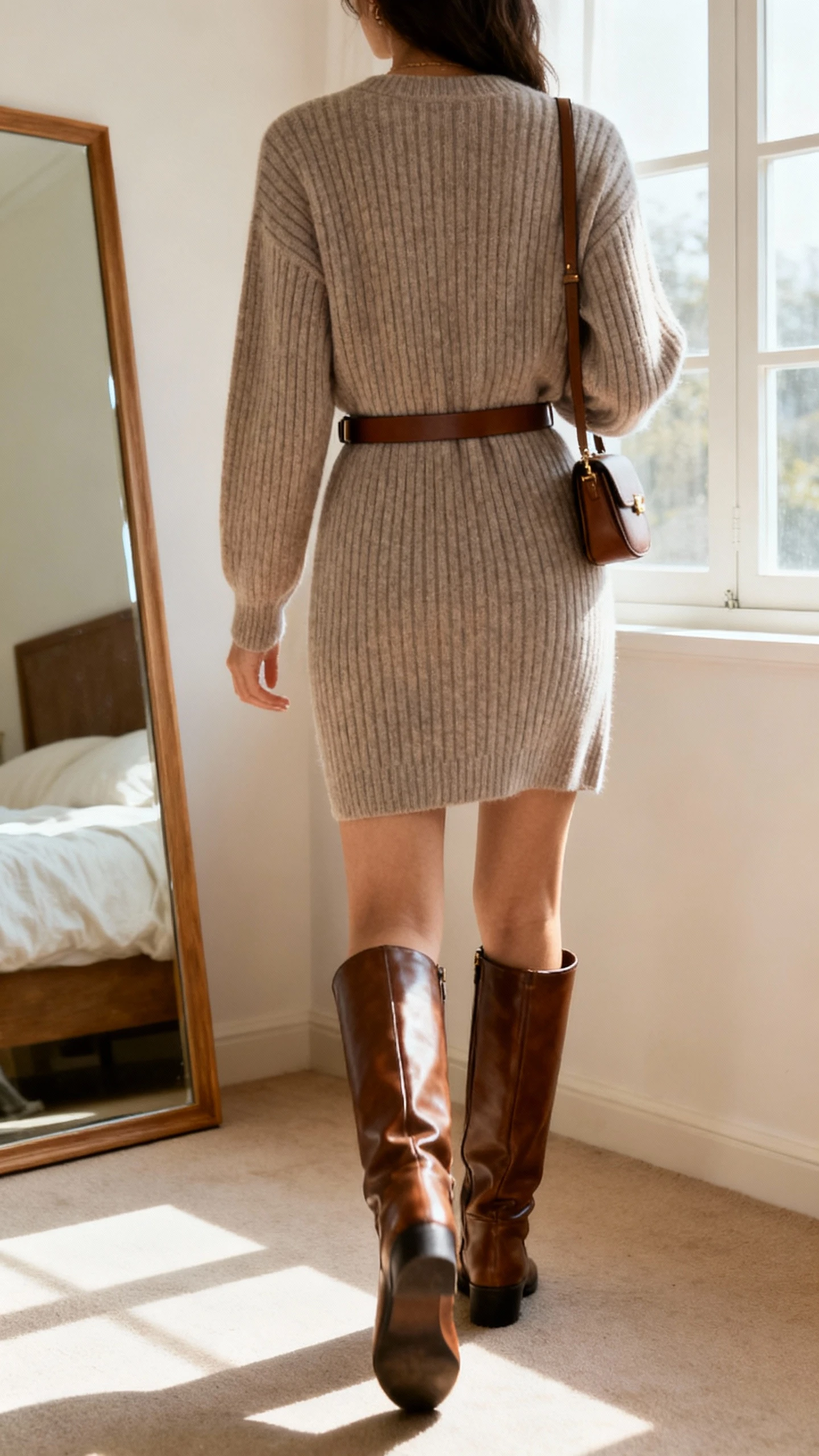 iPhone back-view photo of a woman wearing a ribbed sweater dress with knee-high leather boots and a slim belt, small shoulder bag, face not visible, walking pose near bedroom mirror, soft daylight from window, iPhone photo quality.