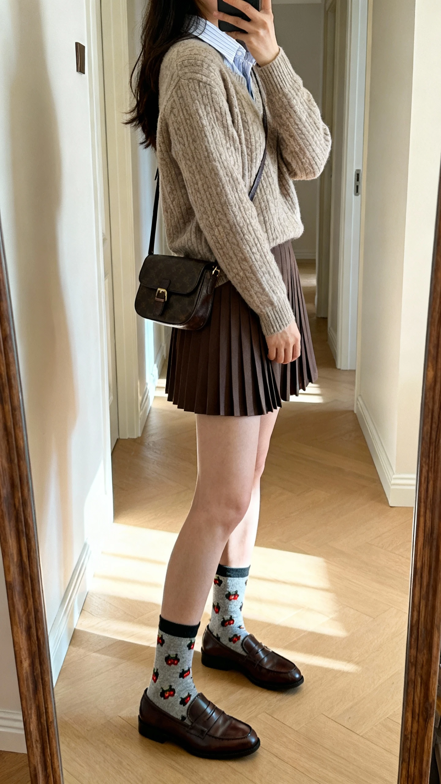 iPhone back-view selfie of a woman wearing a pleated mini skirt, a fine-knit sweater layered over a collared shirt, penny loafers with playful patterned socks, a small shoulder bag, face not visible, hallway full-length mirror, morning light, iPhone photo quality.