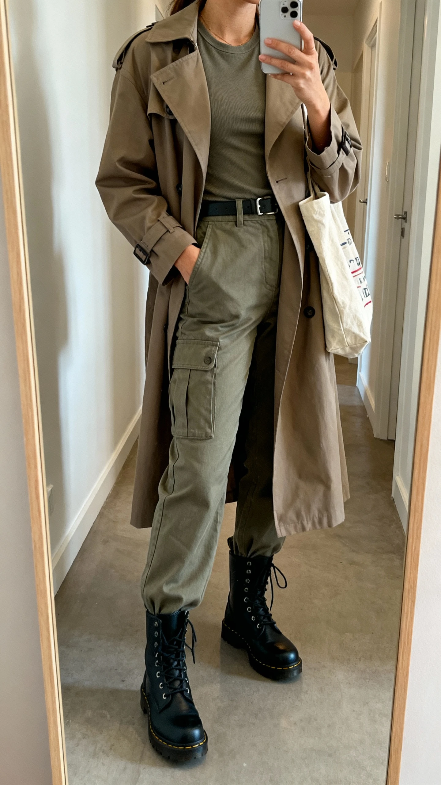 iPhone hallway mirror selfie of a woman wearing high-waisted cargo pants, classic trench coat over a fitted tee, sturdy combat boots, and a canvas tote, face not visible, cropped at neck, soft indoor lighting, iPhone photo quality.