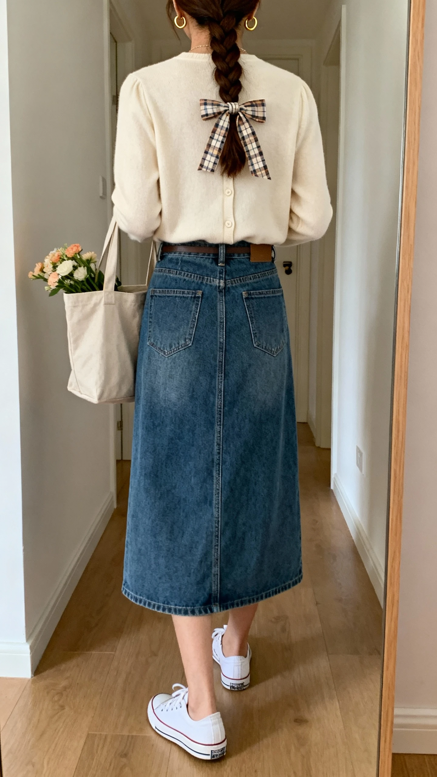 iPhone mirror selfie back view of a woman in a soft cream cardigan tucked into a denim midi skirt, plaid ribbon tied at the end of a loose braid, canvas tote with flowers, white sneakers, and delicate gold hoops; face not visible, full-length hallway mirror, gentle daylight, iPhone photo quality.