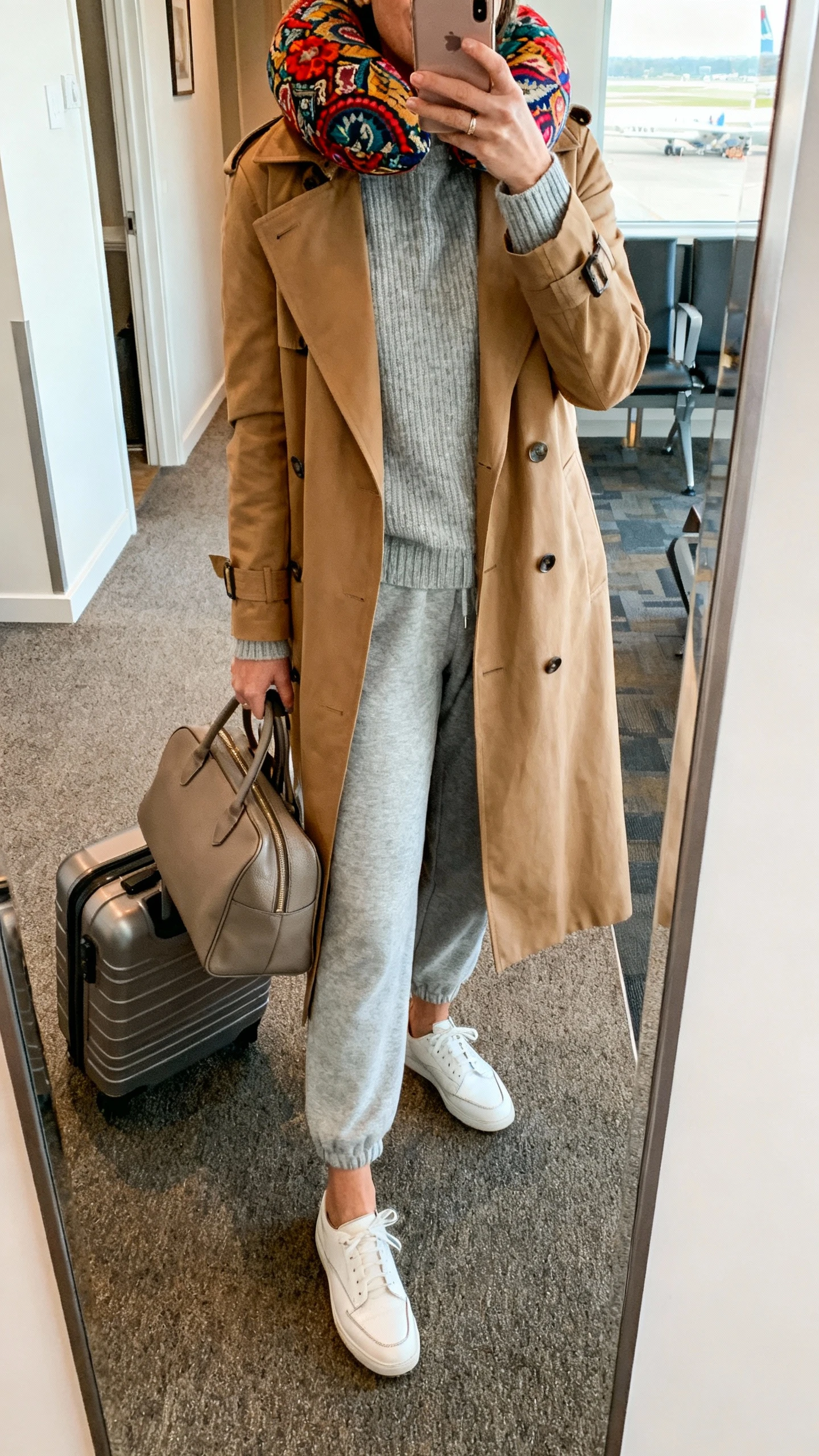 iPhone mirror selfie of a woman in a camel trench over a soft gray knit set (crewneck sweater and matching joggers), white leather sneakers, structured carry-on tote, and a vibrant patterned scarf used as a neck pillow-style wrap, face not visible, airport hallway mirror vibe at home entryway, natural daylight, iPhone photo quality.