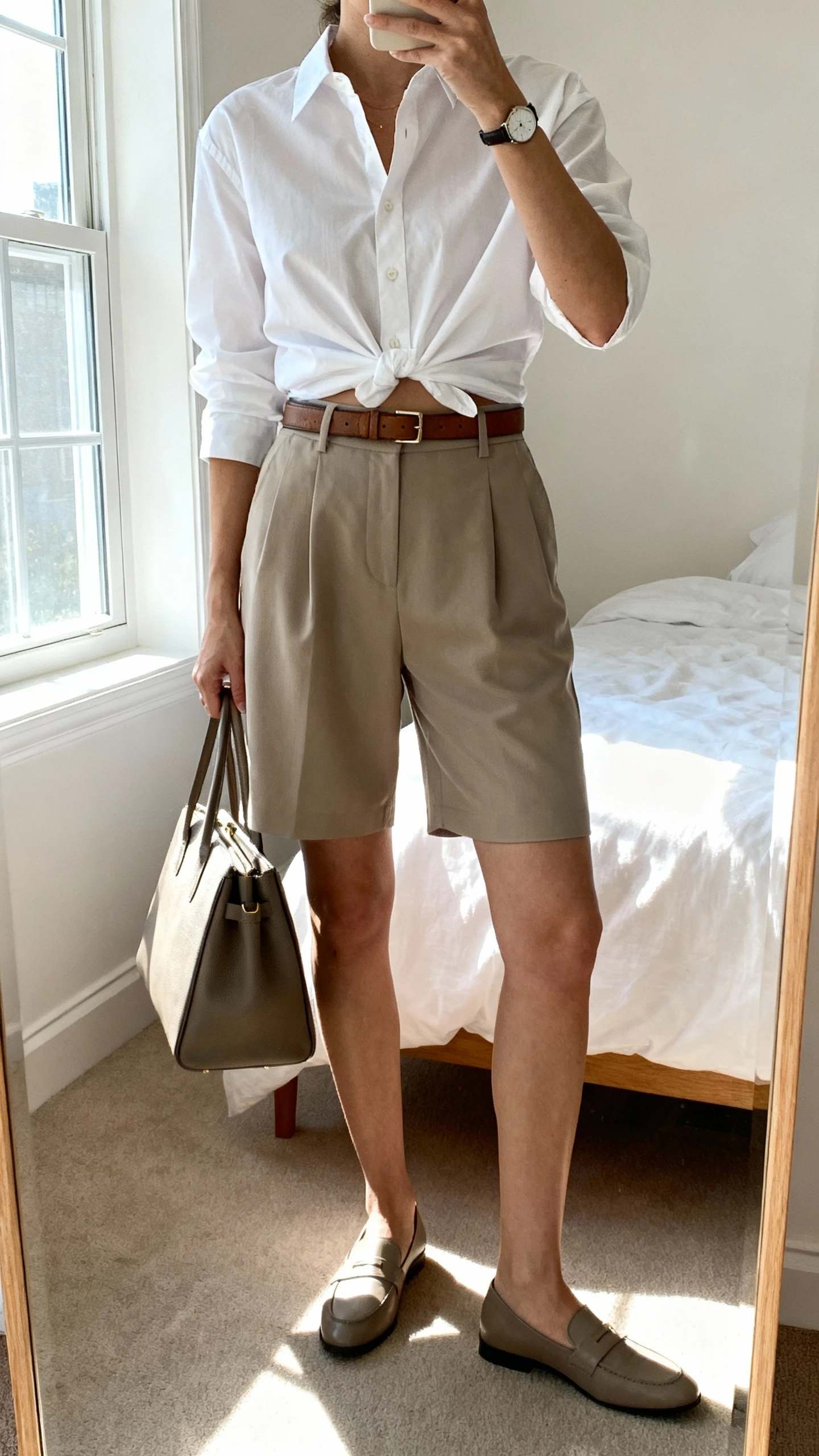 iPhone mirror selfie of a woman in a crisp white button-up half-tucked into relaxed tailored shorts, loafers, slim leather belt, structured tote, and a simple watch, face not visible, cropped at shoulders, bedroom mirror with bright window light, iPhone photo quality.