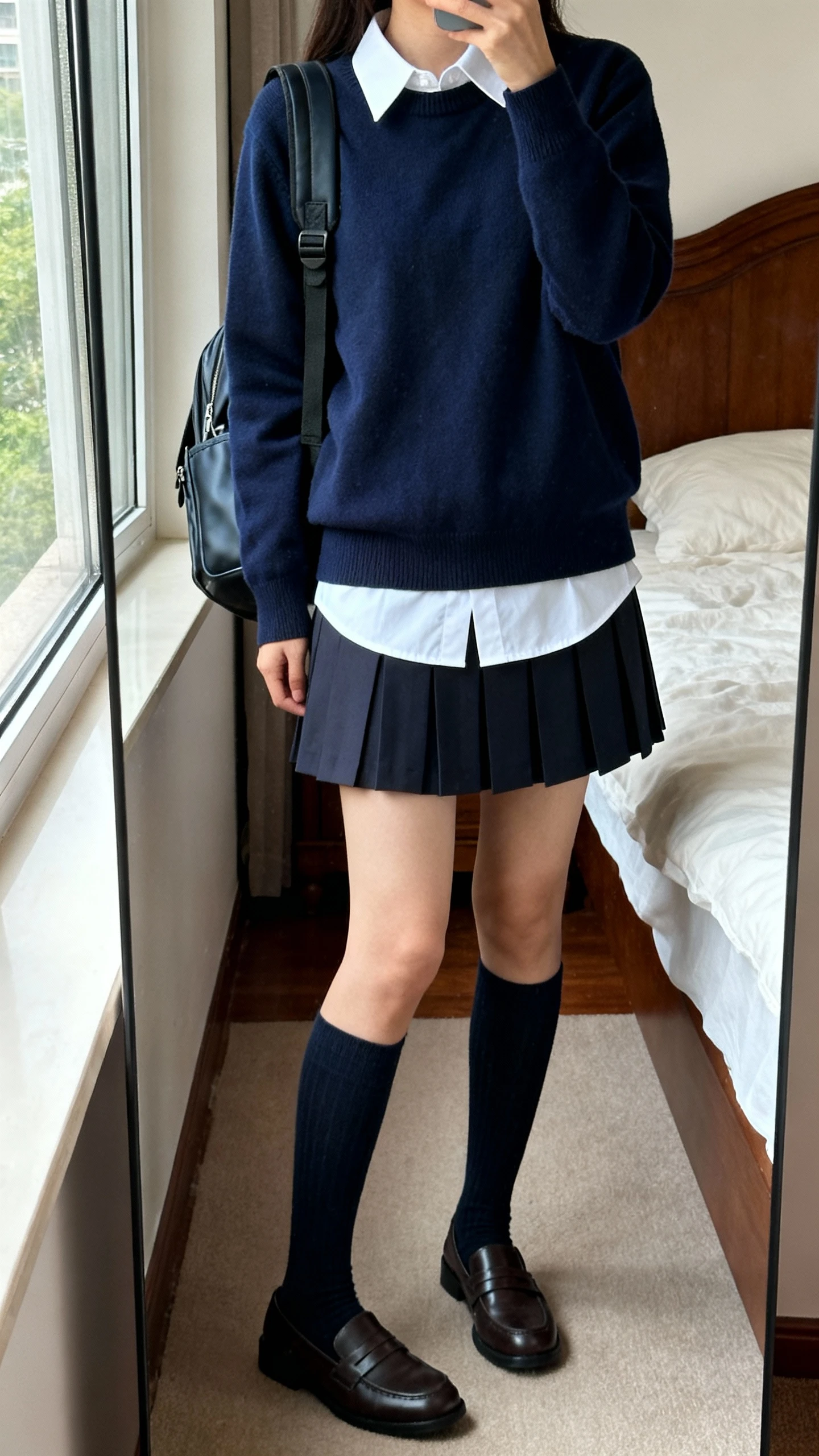 iPhone mirror selfie of a woman in a crisp white collared shirt layered under a navy crewneck sweater, pleated mini skirt, knee-high socks, loafers, and a structured backpack, face not visible, cropped at shoulders, bedroom mirror, natural window light, iPhone photo quality.