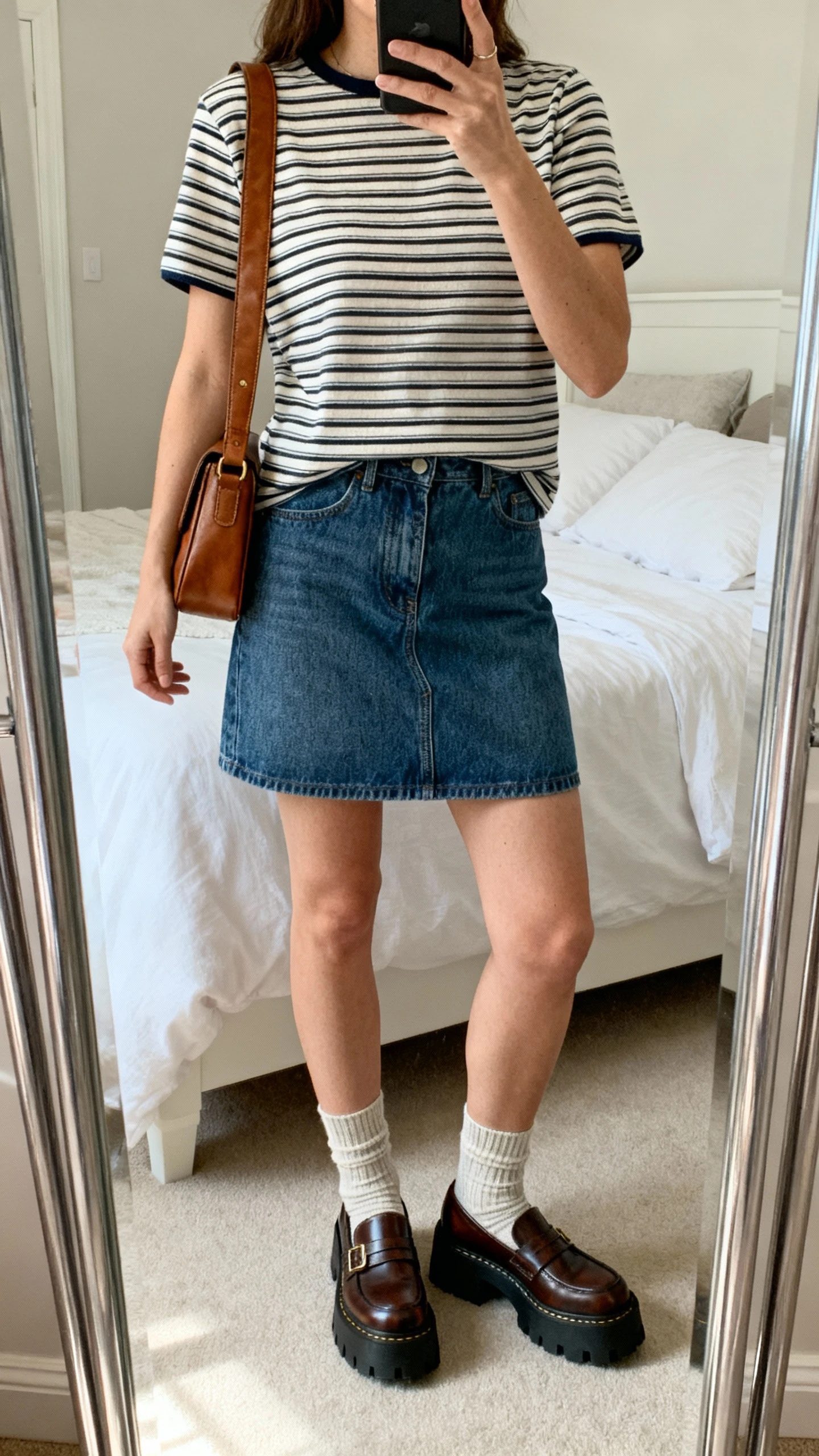 iPhone mirror selfie of a woman in a denim skirt, chunky loafers with ankle socks, a fitted striped tee, and a leather shoulder bag, face not visible, cropped at shoulders, bedroom mirror with natural daylight, iPhone photo quality.