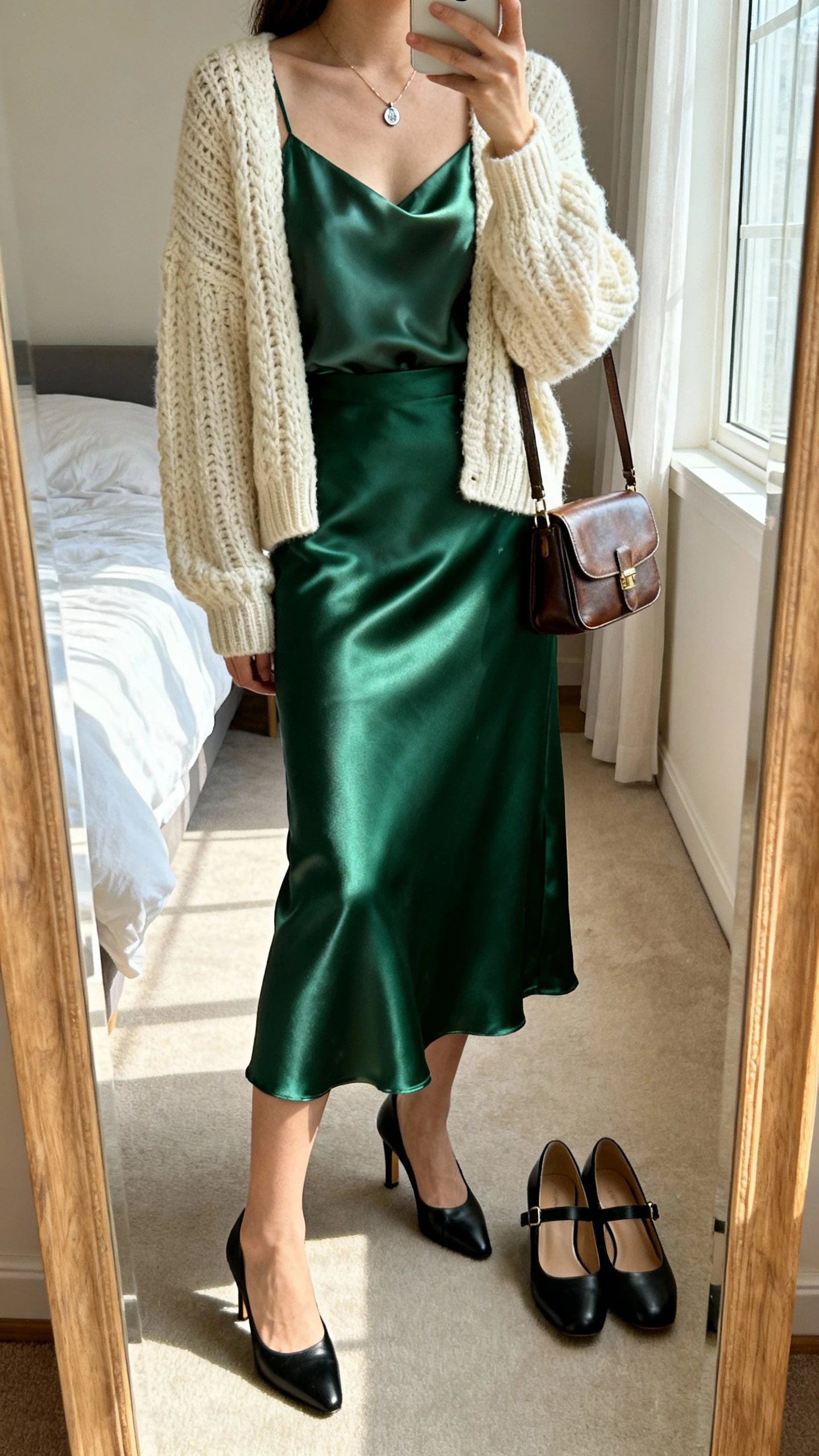 iPhone mirror selfie of a woman in a forest satin midi skirt, cream chunky knit cardigan over a silk camisole, classic black Mary Janes placed next to heeled Mary Janes, delicate pendant necklace and small leather shoulder bag; face not visible, cropped at shoulders, bedroom mirror, afternoon window light, iPhone photo quality.