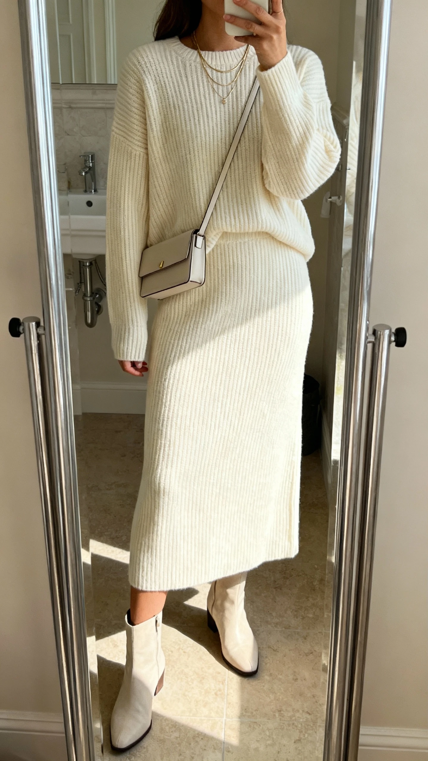 iPhone mirror selfie of a woman in a monochrome matching set: ribbed knit sweater and matching midi skirt in cream, tonal ankle boots, slim crossbody bag, delicate layered necklace, face not visible, bathroom full-length mirror, soft indoor lighting, iPhone photo quality.