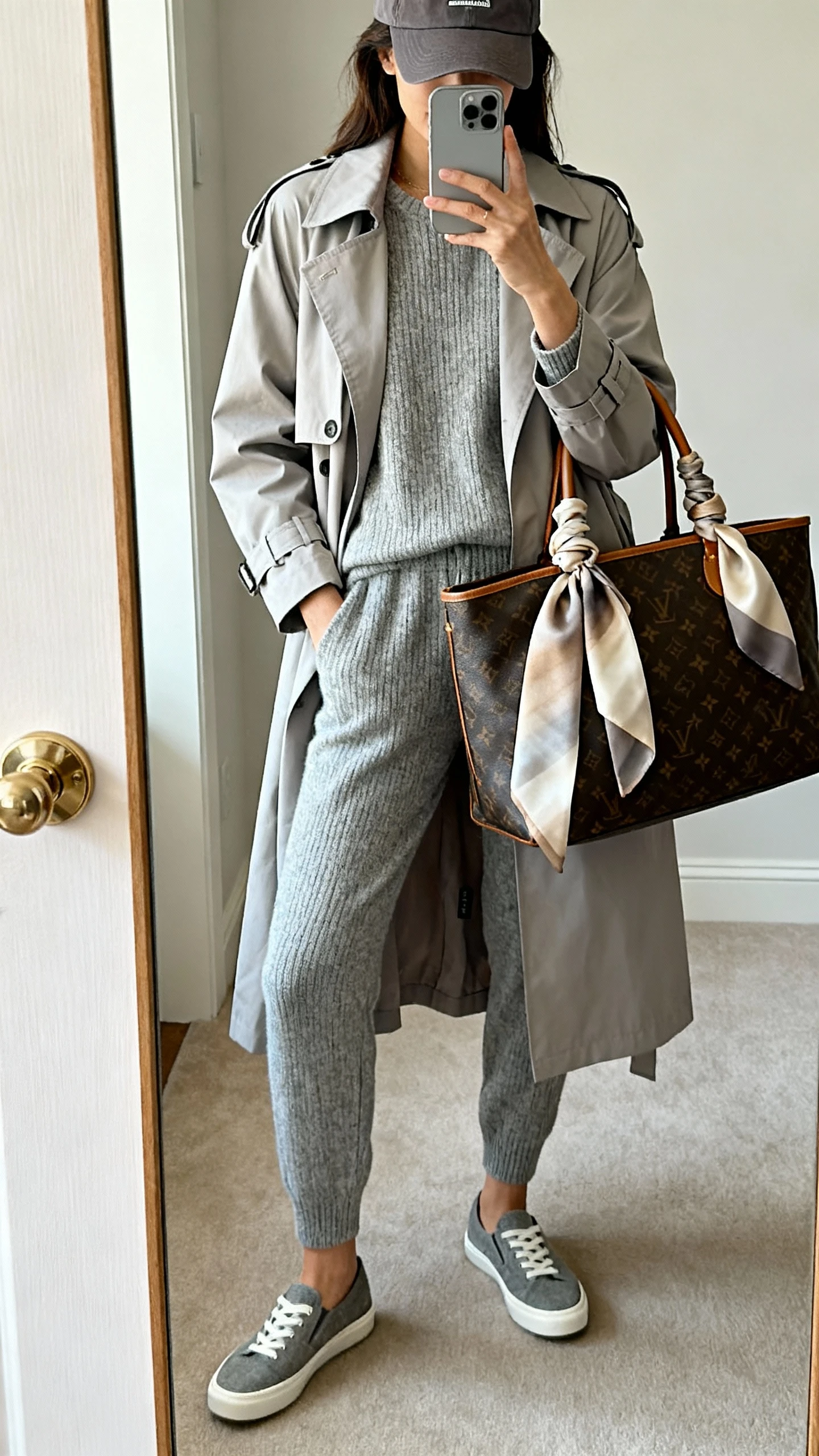 iPhone mirror selfie of a woman in a soft knit set in grey under a lightweight trench, comfortable slip-on sneakers, a spacious weekender bag with a neutral gradient silk scarf wrapped around the handle, and a baseball cap; face not visible, cropped at shoulders, full-length mirror by the door, soft indoor light, iPhone photo quality.