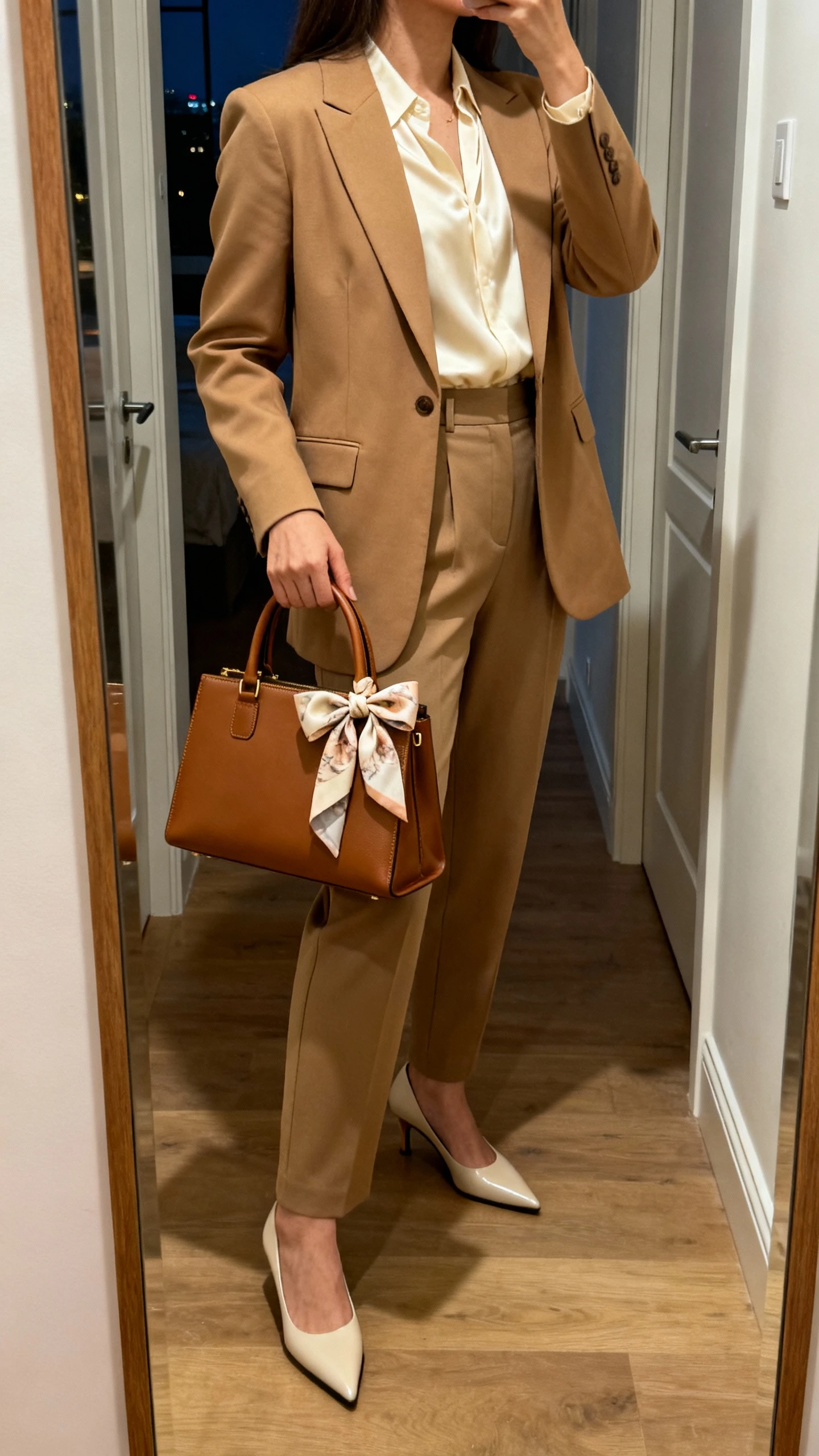 iPhone mirror selfie of a woman in a tailored camel blazer over a cream silky blouse, high-waisted trousers, pointed-toe pumps, carrying a structured leather handbag with a soft-print silk scarf tied in a neat bow on the short handle; face not visible, side angle in a hallway mirror, indoor evening lighting, iPhone photo quality.