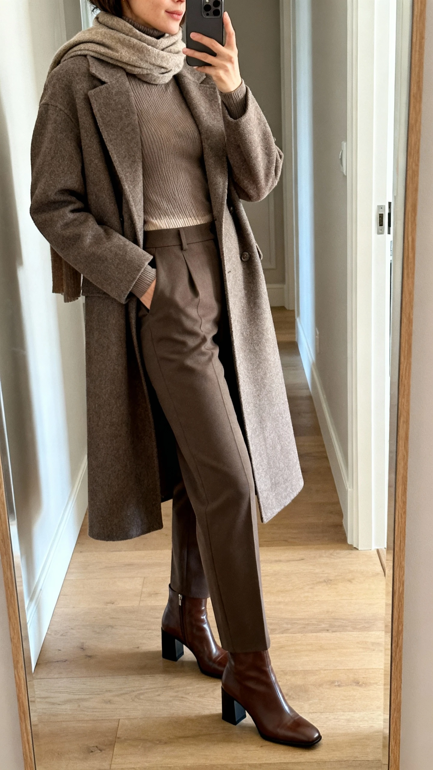 iPhone mirror selfie of a woman in a tailored knee-length wool-cashmere coat over a fitted merino turtleneck, high-waisted straight-leg trousers, leather ankle boots with block heel, thin thermal top underneath, and a cashmere scarf, face not visible, side angle in a hallway full-length mirror, morning indoor light, iPhone photo quality.