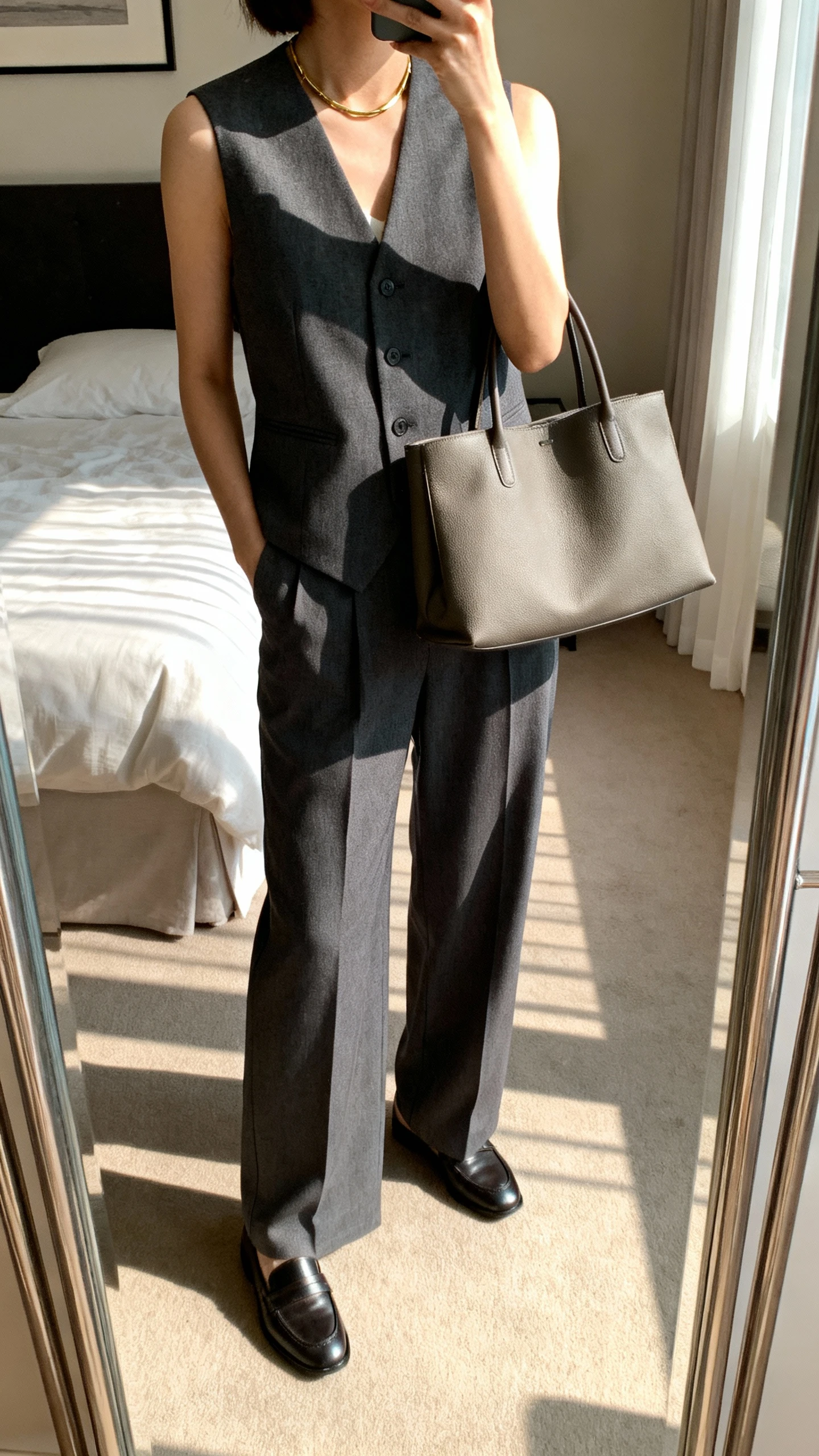 iPhone mirror selfie of a woman in a tailored vest and wide-leg trousers in charcoal, sleek loafers, minimalist gold necklace, structured tote bag, face not visible, cropped at shoulders, bedroom mirror with morning light, iPhone photo quality.