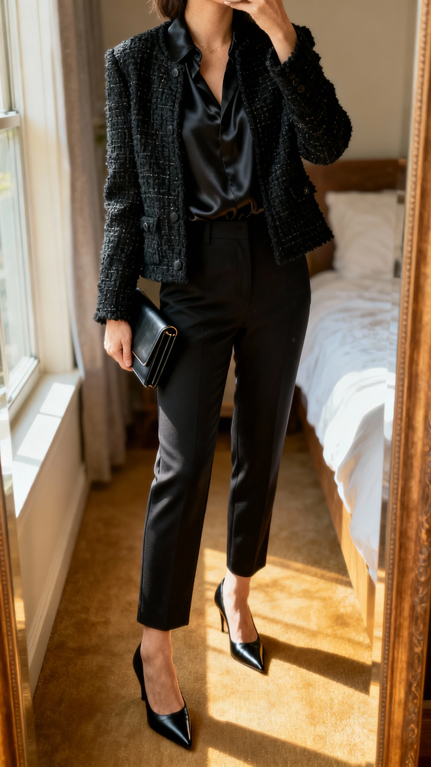 iPhone mirror selfie of a woman in an all-black texture mix: black satin blouse, matte black tailored pants, a textured black tweed jacket, black pointed heels, and a slim black clutch, face not visible, cropped at shoulders, bedroom mirror, afternoon window light, iPhone photo quality.