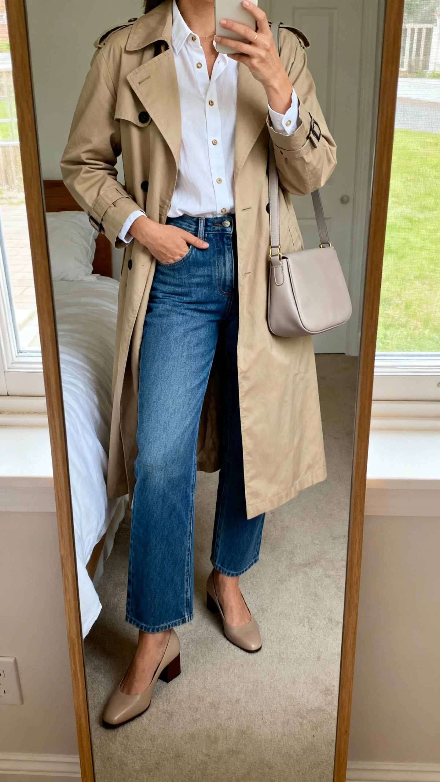 iPhone mirror selfie of a woman in elevated denim and trench: cotton trench coat, crisp cotton button-up, straight-leg blue jeans, low block-heel pumps, and a soft-structure shoulder bag; face not visible, cropped at shoulders, bedroom mirror, natural window light, iPhone photo quality.
