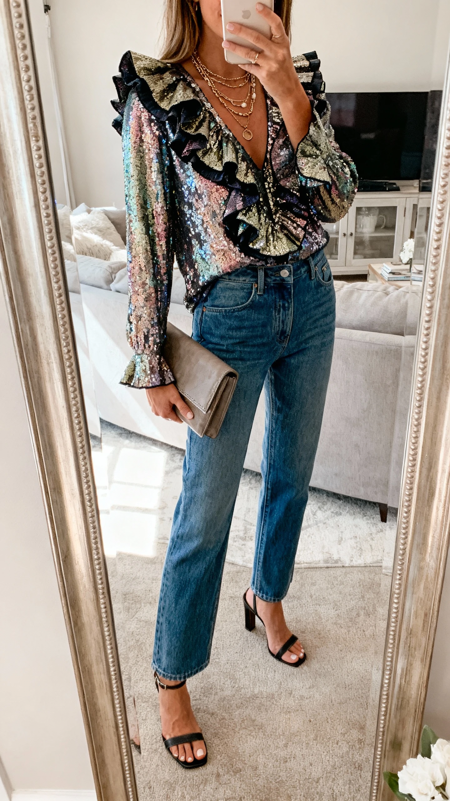 iPhone mirror selfie of a woman in elevated straight-leg jeans with a bold statement top (ruffled/sparkly), heeled sandals, layered necklaces, and a clutch, face not visible, side angle, living room full-length mirror, soft indoor lighting, iPhone photo quality.