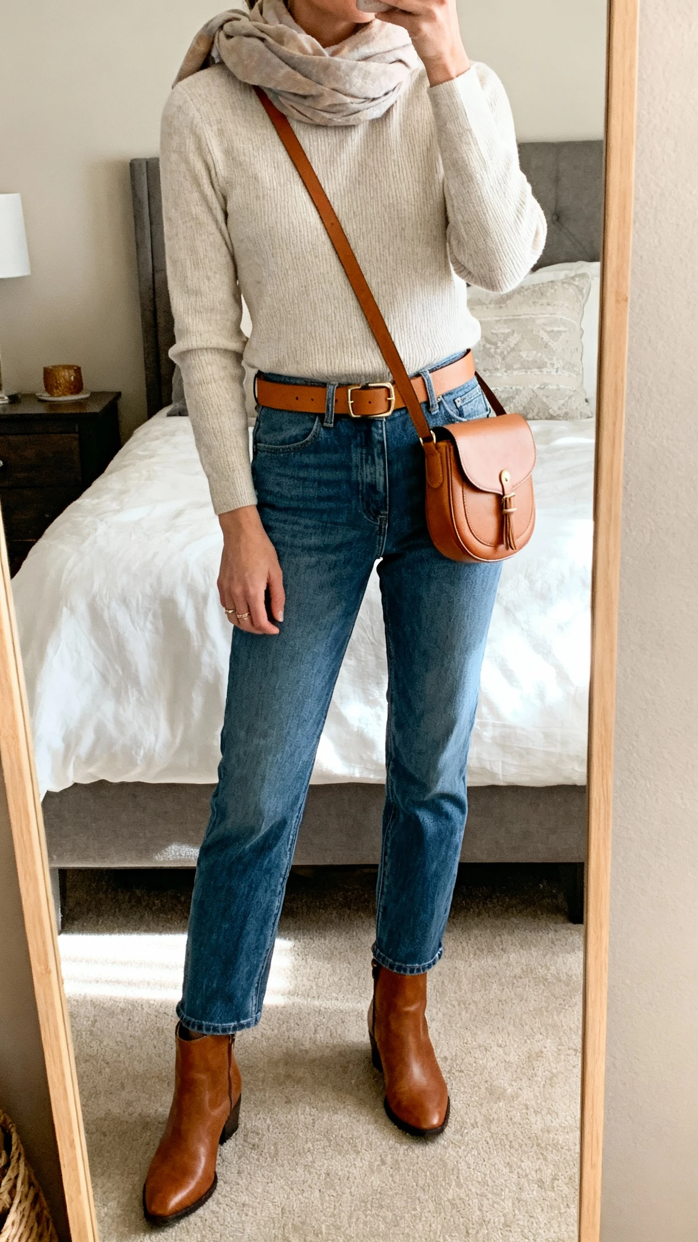 iPhone mirror selfie of a woman in straight-leg jeans with a tucked-in soft knit top, leather ankle boots, a tan belt, crossbody saddle bag, and a lightweight scarf, face not visible, cropped at neck, bedroom mirror with warm indoor lighting, iPhone photo quality