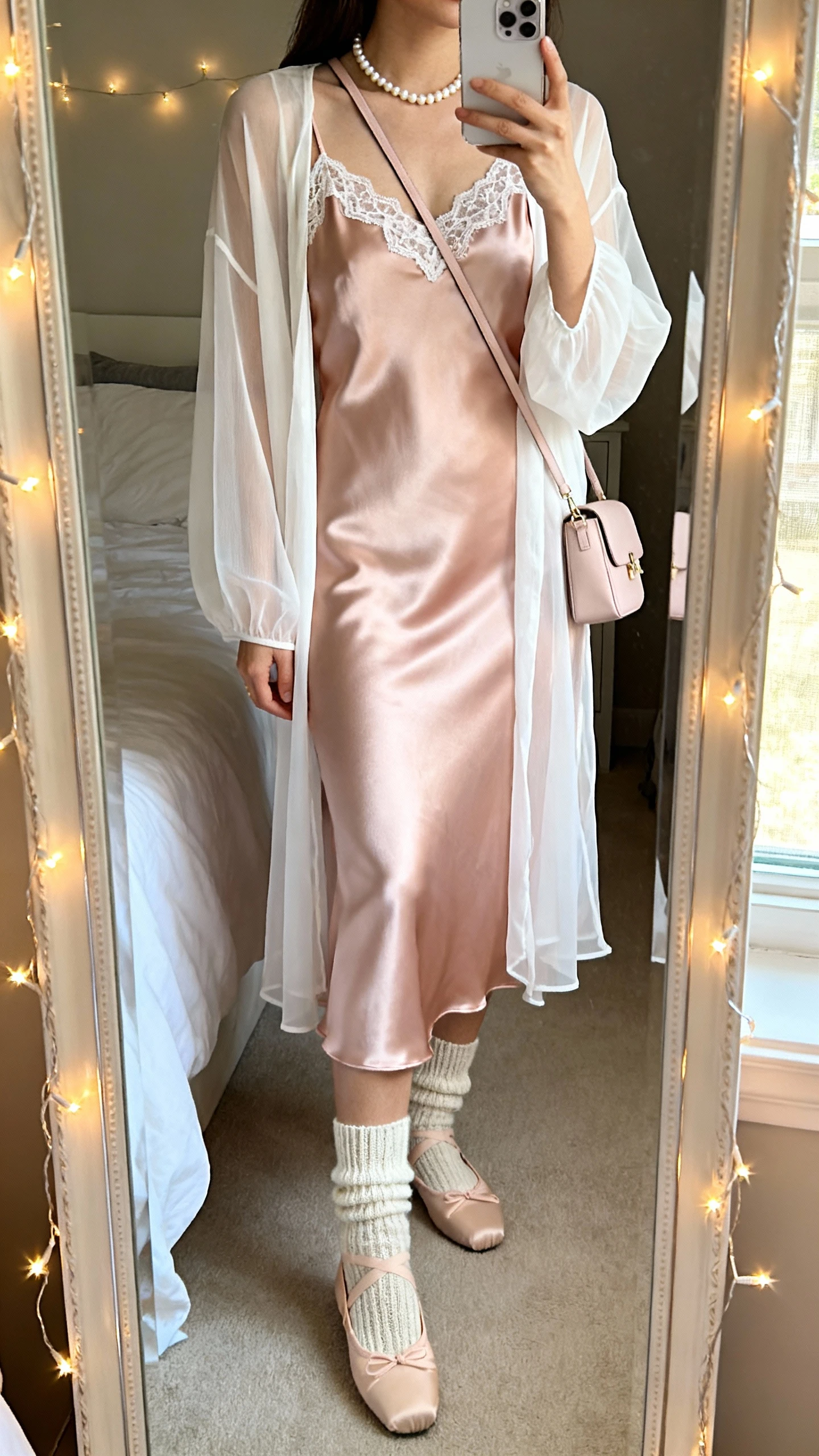 iPhone mirror selfie of a woman wearing a blush satin slip dress layered with a sheer white cardigan, lace-trim camisole peeking, dainty pearl necklace, soft knit socks with ballet flats, small pastel shoulder bag, face not visible, cropped at neck, bedroom mirror with fairy lights, gentle window light, iPhone photo quality.