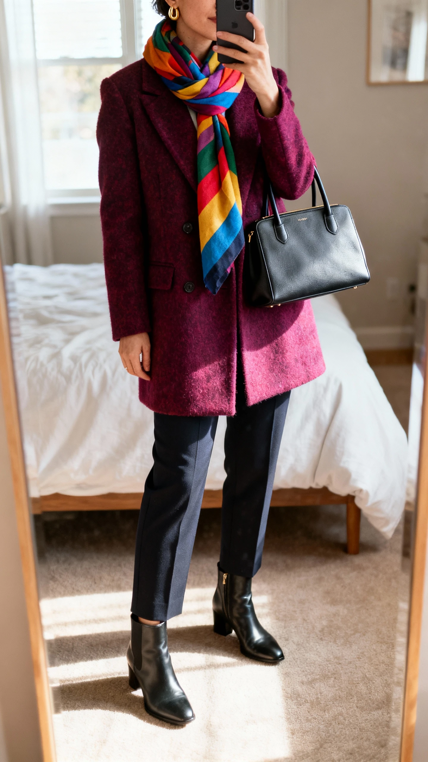 iPhone mirror selfie of a woman wearing a bold wool power coat, tailored trousers, sleek ankle boots, a colorful statement scarf wrapped once, structured top-handle bag, and minimal gold earrings, face not visible, cropped at neck, bedroom mirror with natural window light, iPhone photo quality.