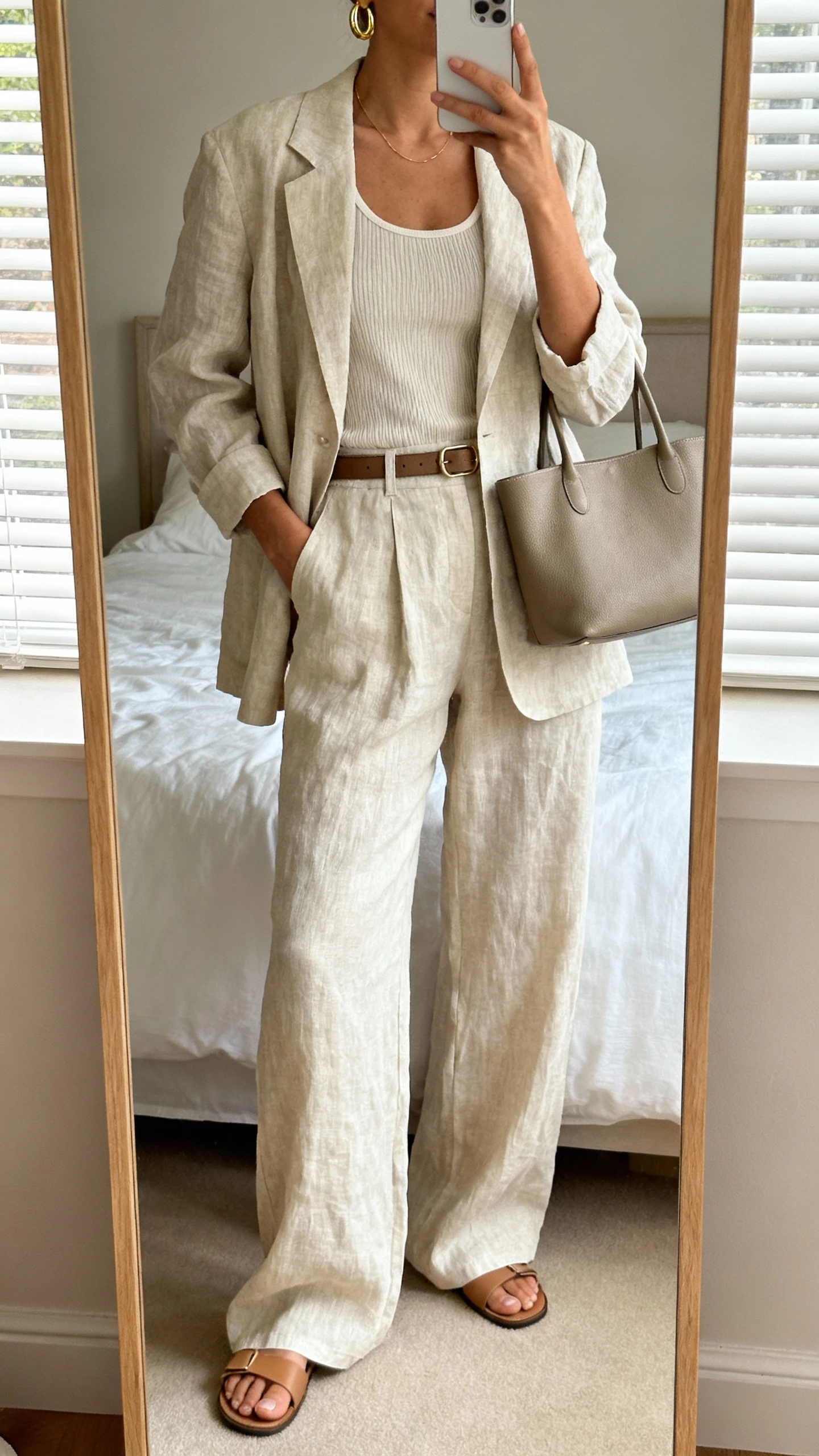 iPhone mirror selfie of a woman wearing a breezy linen suit set: relaxed linen blazer, matching wide-leg linen trousers, lightweight ribbed tank, minimalist leather sandals, slim belt, delicate gold hoops, structured tote; face not visible, cropped at neck, bedroom mirror with natural morning window light, iPhone photo quality.