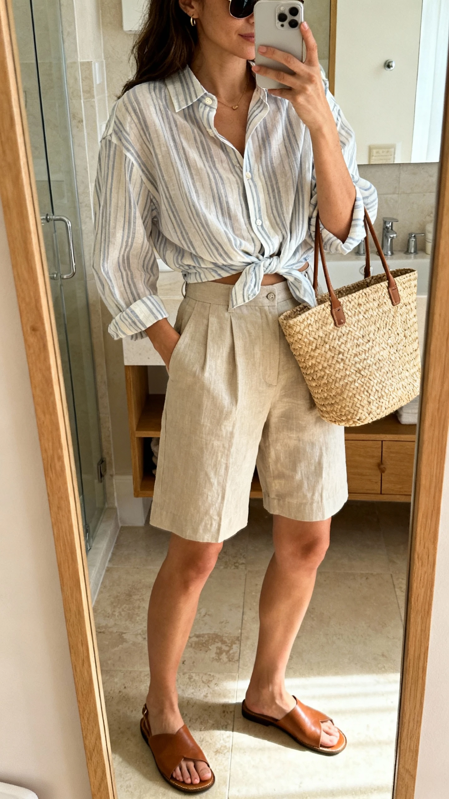 iPhone mirror selfie of a woman wearing a breezy striped button-down half-tucked into tailored linen shorts, flat leather sandals, a woven tote bag, and simple sunglasses, face not visible, side angle, bathroom full-length mirror, morning light, iPhone photo quality.