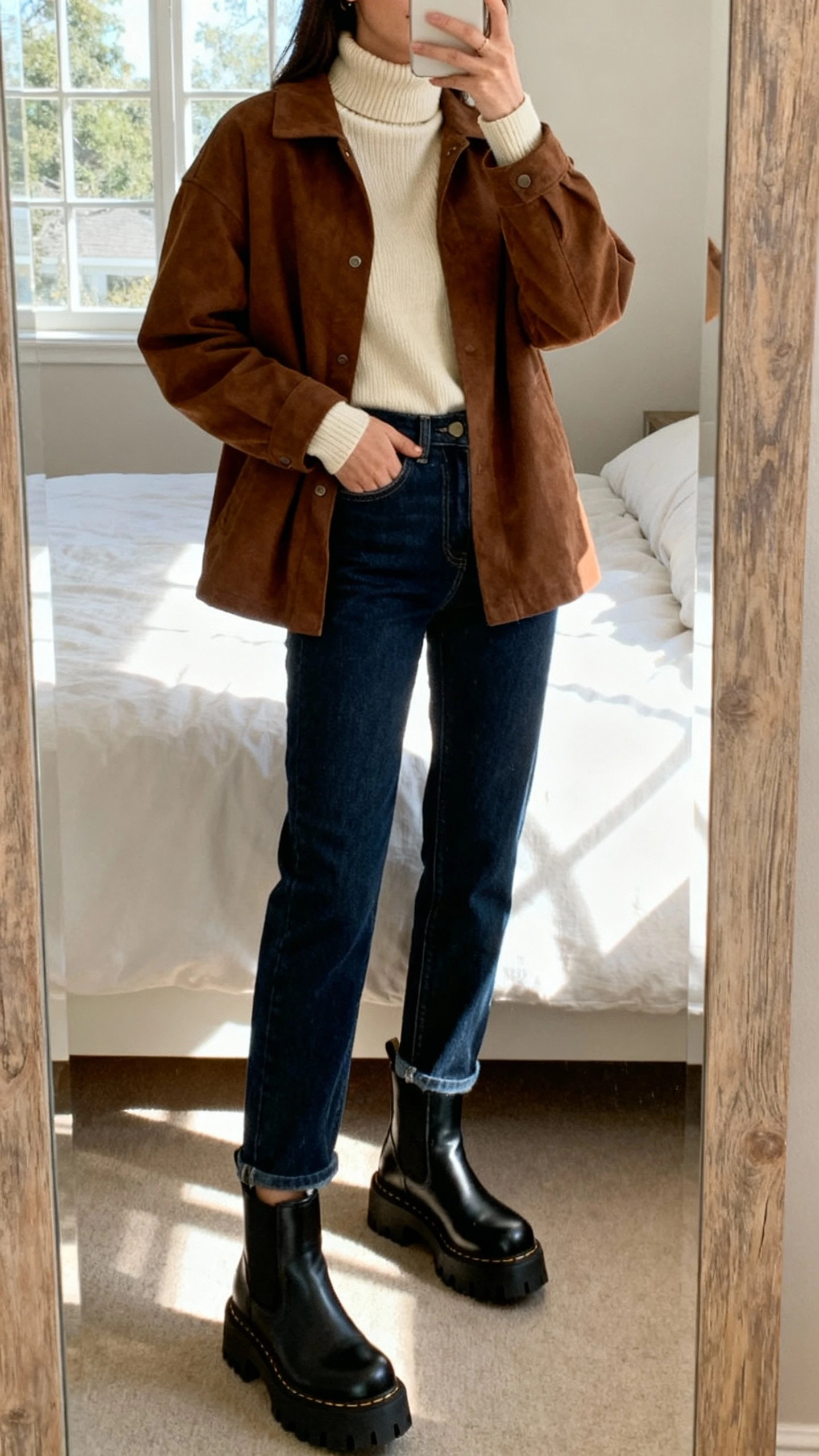 iPhone mirror selfie of a woman wearing a brown jacket layered over a cream turtleneck, dark blue denim jeans, and chunky black Chelsea boots, face not visible, cropped at neck, bedroom mirror with natural window light, iPhone photo quality.
