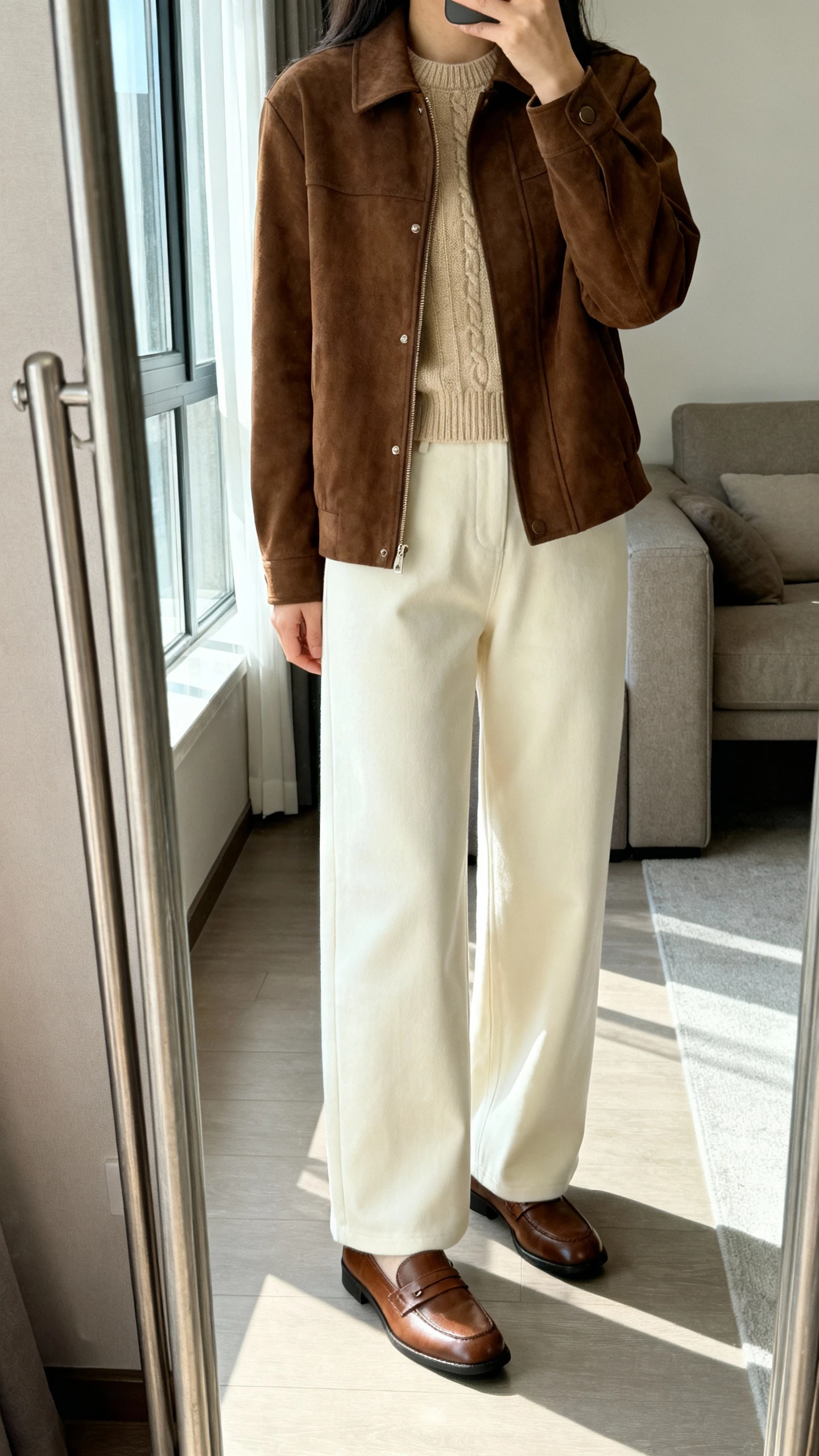 iPhone mirror selfie of a woman wearing a brown jacket with tonal layers (beige knit top), wide-leg cream trousers, and classic brown loafers, face not visible, cropped at shoulders, living room full-length mirror, gentle window light, iPhone photo quality.
