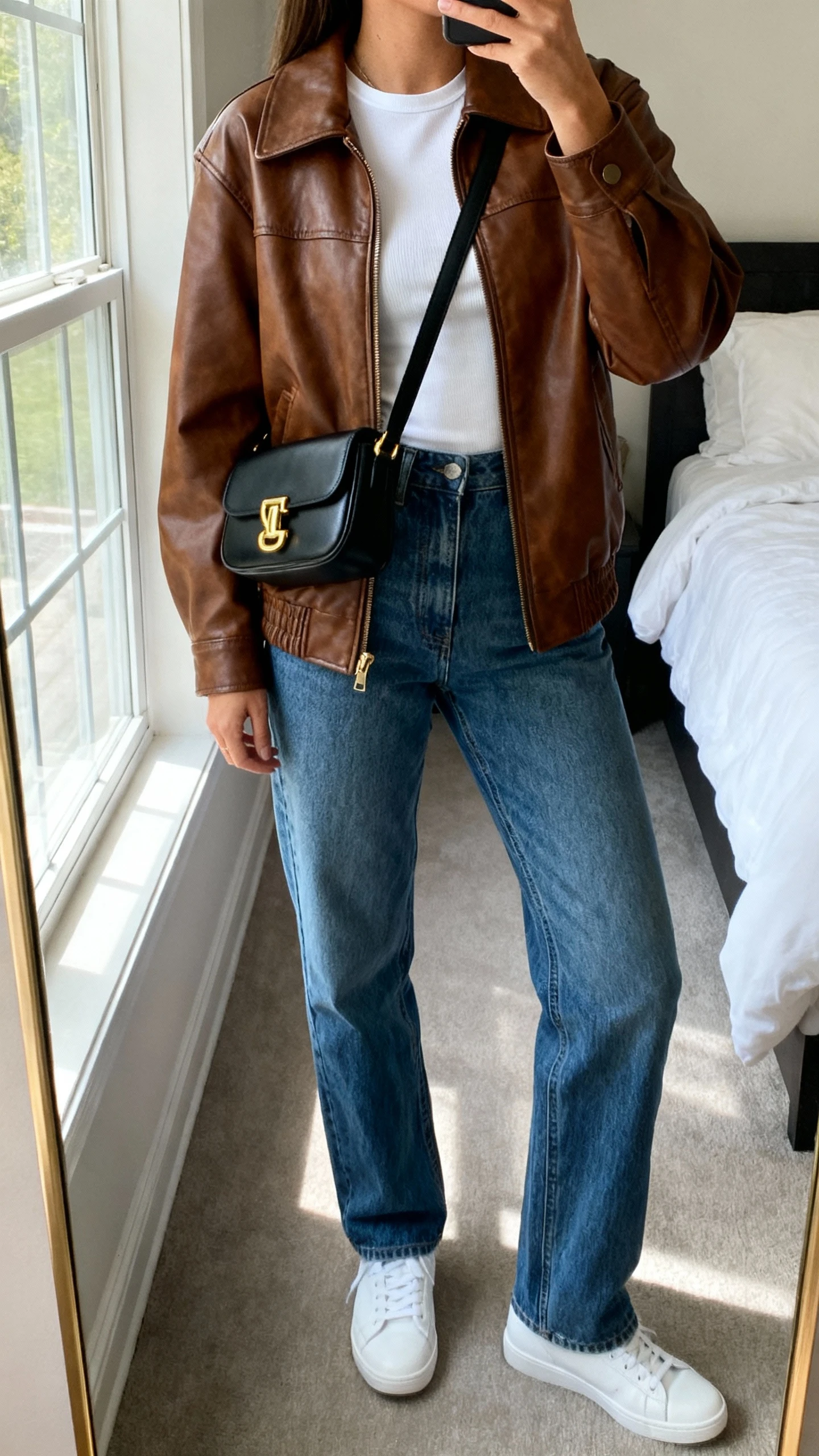 iPhone mirror selfie of a woman wearing a brown leather jacket dupe over a white fitted tee, straight-leg blue jeans, white sneakers, and a black crossbody bag with gold hardware, face not visible, cropped at neck, bedroom mirror, natural window light, iPhone photo quality