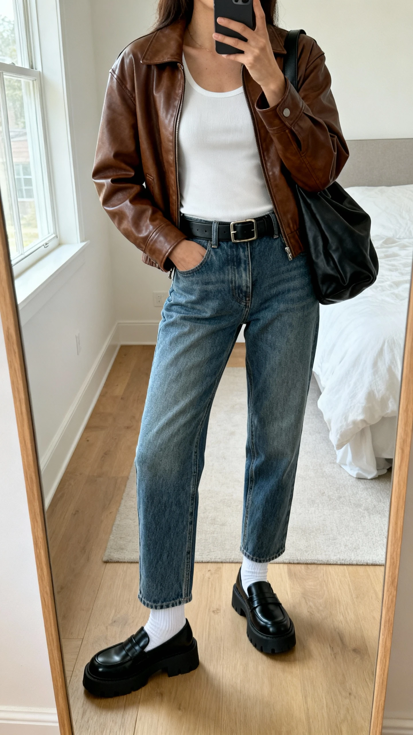 iPhone mirror selfie of a woman wearing a brown leather jacket over a white fitted tank, straight-leg vintage blue jeans, black leather belt, chunky black loafers with white socks, and a slouchy black shoulder bag, face not visible, cropped at neck, bedroom mirror, natural window light, iPhone photo quality.