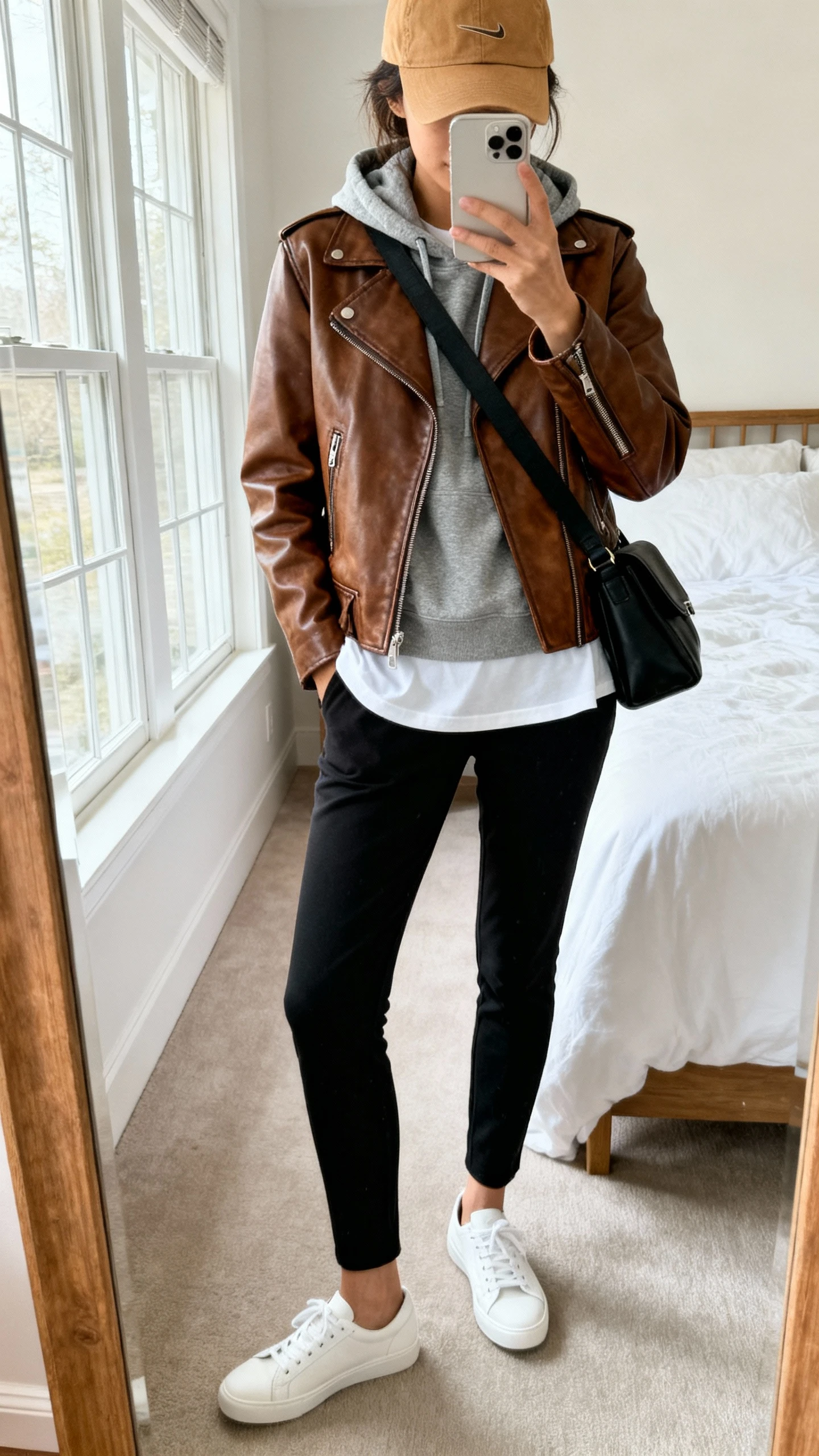 iPhone mirror selfie of a woman wearing a brown leather moto jacket layered over a gray hoodie, white crew tee, black slim joggers, white low-top sneakers, and a tan baseball cap with a black crossbody bag, face not visible, cropped at neck, bedroom mirror, natural window light, iPhone photo quality.