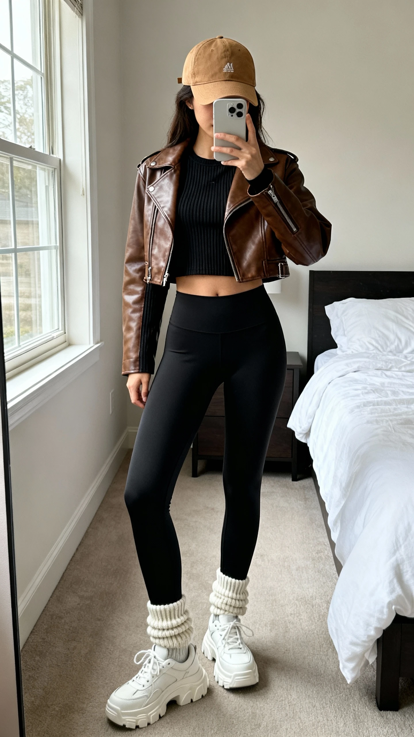 iPhone mirror selfie of a woman wearing a brown leather jacket (cropped moto), black ribbed long-sleeve tee, high-waisted matte black leggings, chunky white sneakers with thick crew socks peeking, and a camel baseball cap; face not visible, cropped at neck, bedroom mirror, natural morning window light, iPhone photo quality.