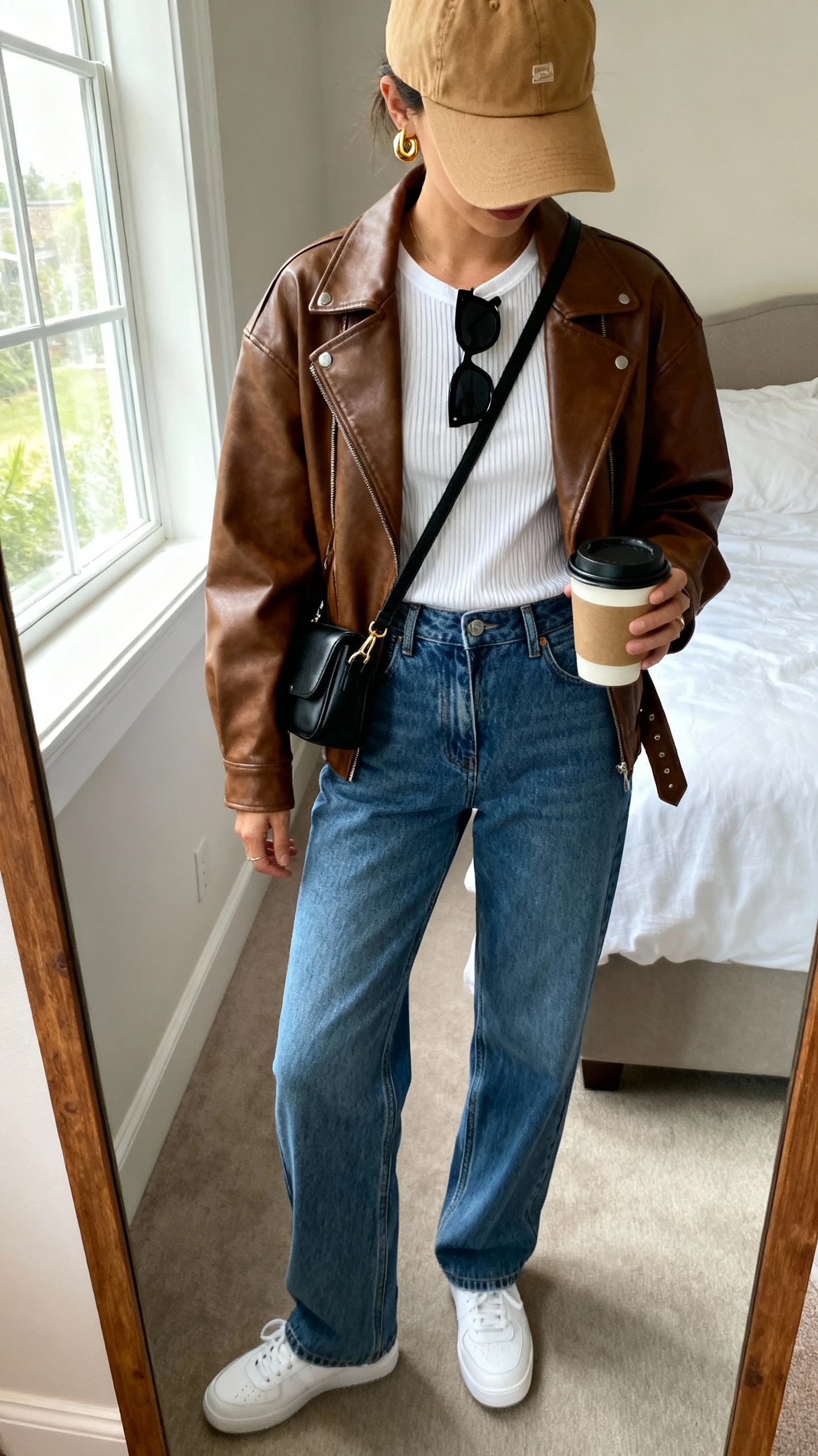 iPhone mirror selfie of a woman wearing a brown leather jacket over a white ribbed tee, high-waisted straight-leg blue jeans, white sneakers, gold huggie earrings, a tan baseball cap, black sunglasses, and a small black crossbody, holding a takeaway coffee cup; face not visible, cropped at neck, bedroom mirror, morning window light, iPhone photo quality.