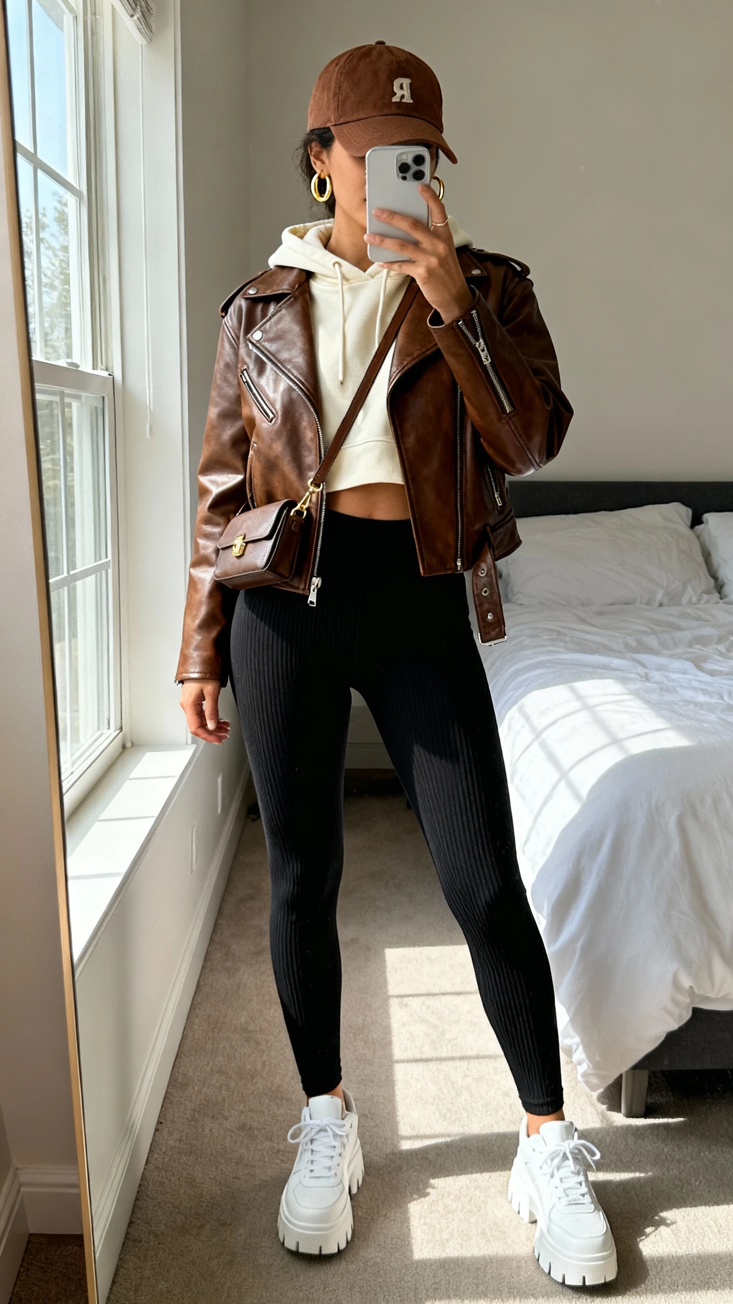 iPhone mirror selfie of a woman wearing a brown leather biker jacket over a cream cropped hoodie, black ribbed leggings, white chunky sneakers, brown baseball cap, small crossbody bag, and gold hoop earrings, face not visible, cropped at neck, bedroom mirror with natural window light, iPhone photo quality.