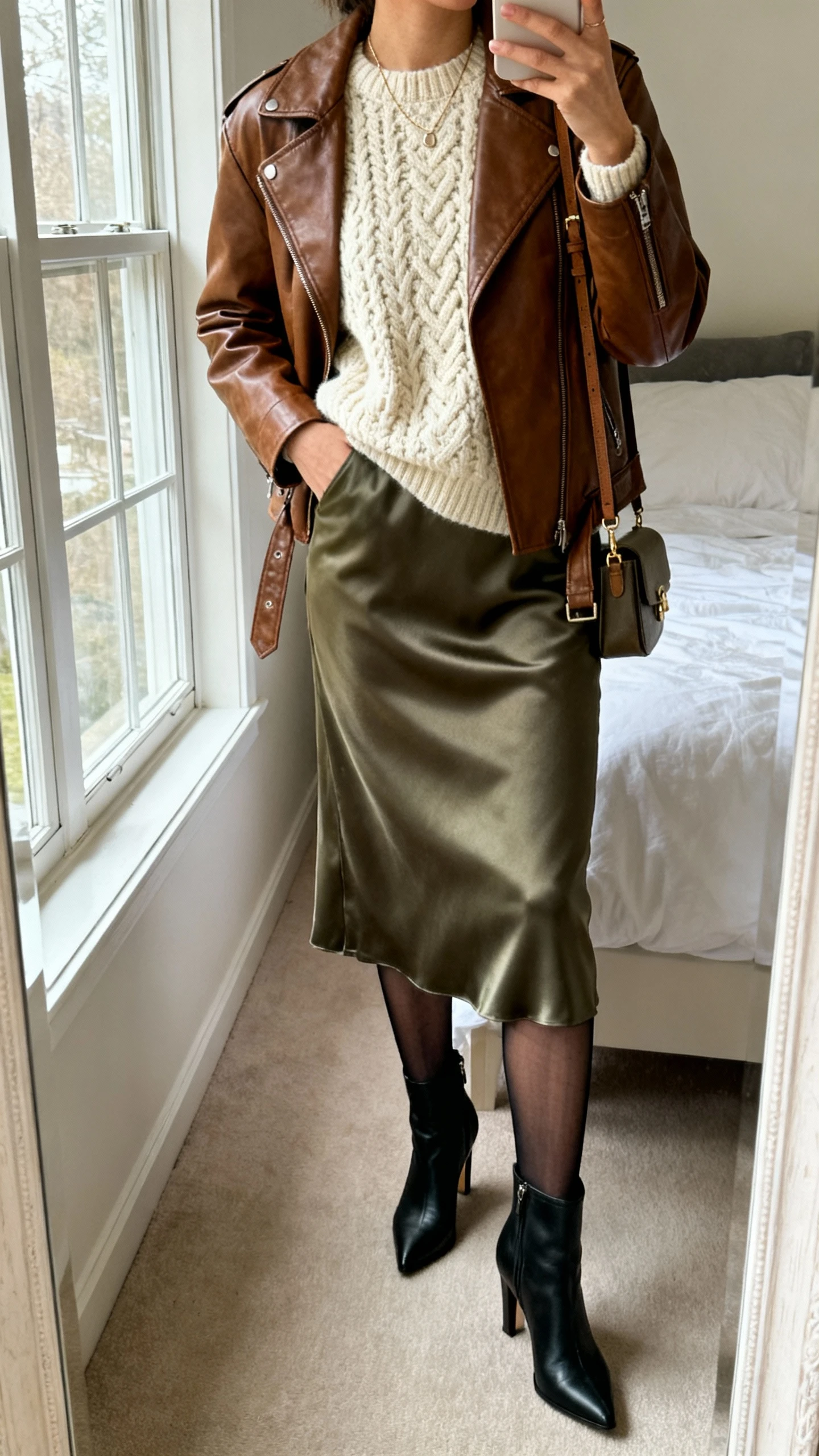 iPhone mirror selfie of a woman wearing a brown leather jacket over a chunky cream knit sweater, satin midi skirt in olive, sheer black tights, heeled ankle boots, small crossbody bag, delicate necklace, face not visible, cropped at shoulders, bedroom mirror, soft window light, iPhone photo quality