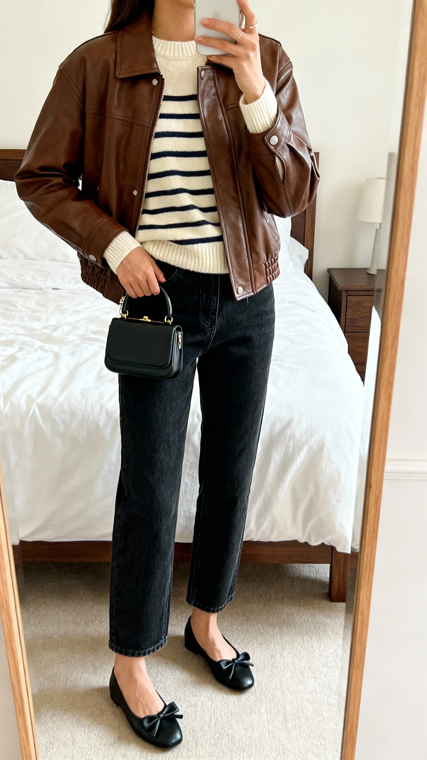 iPhone mirror selfie of a woman wearing a brown leather jacket with straight-leg dark-wash jeans, cream Breton striped sweater, black ballet flats with bows, and a petite top-handle bag, face not visible, cropped at shoulders, bedroom mirror, gentle natural light, iPhone photo quality.