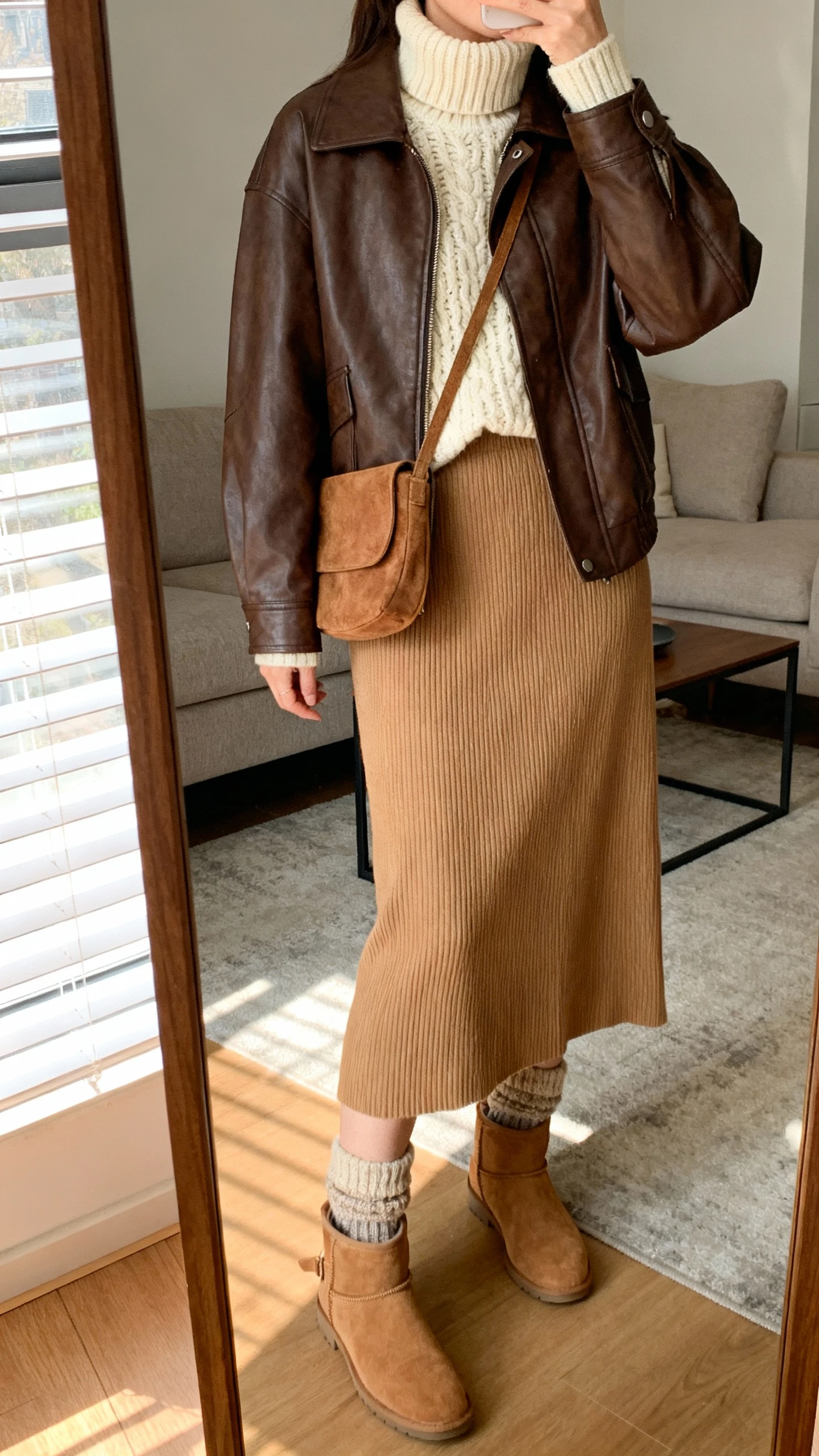 iPhone mirror selfie of a woman wearing a brown leather jacket over a chunky cream turtleneck sweater, a camel ribbed midi skirt, tan ankle boots, cozy wool socks peeking, and a suede crossbody, face not visible, cropped at shoulders, living room mirror, soft afternoon window light, iPhone photo quality.