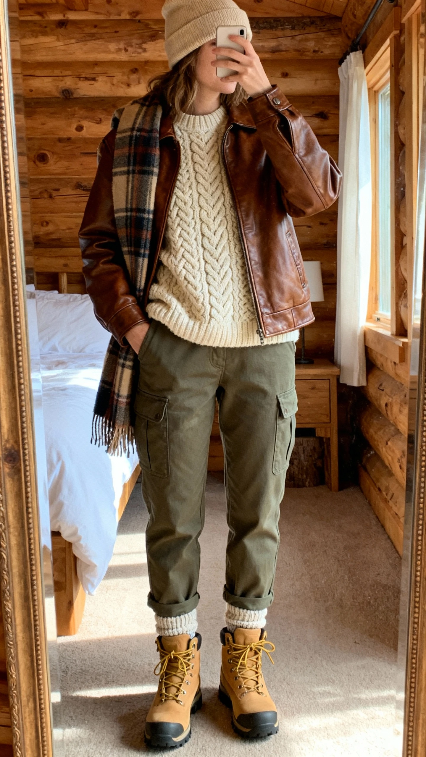 iPhone mirror selfie of a woman wearing a brown leather jacket layered over a chunky cream cable-knit sweater, olive cargo chinos, tan hiking boots, a beige beanie, wool socks peeking, and a plaid scarf draped; face not visible, cropped at neck, cabin bedroom mirror, soft afternoon light, iPhone photo quality.