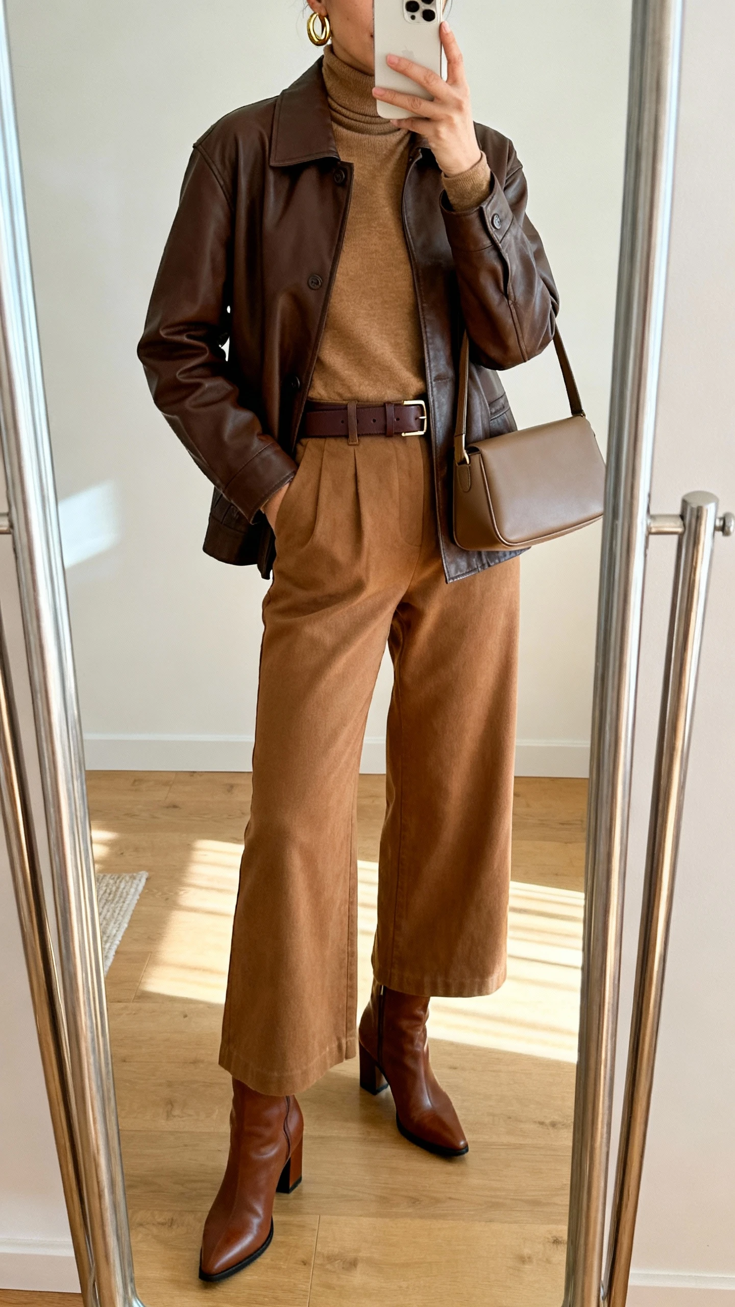 iPhone mirror selfie of a woman wearing a brown leather jacket with a camel turtleneck, tan wide-leg trousers, brown heeled boots, chocolate belt, taupe structured shoulder bag, gold hoop earrings, face not visible, cropped at neck, full-length mirror, warm indoor lighting, iPhone photo quality