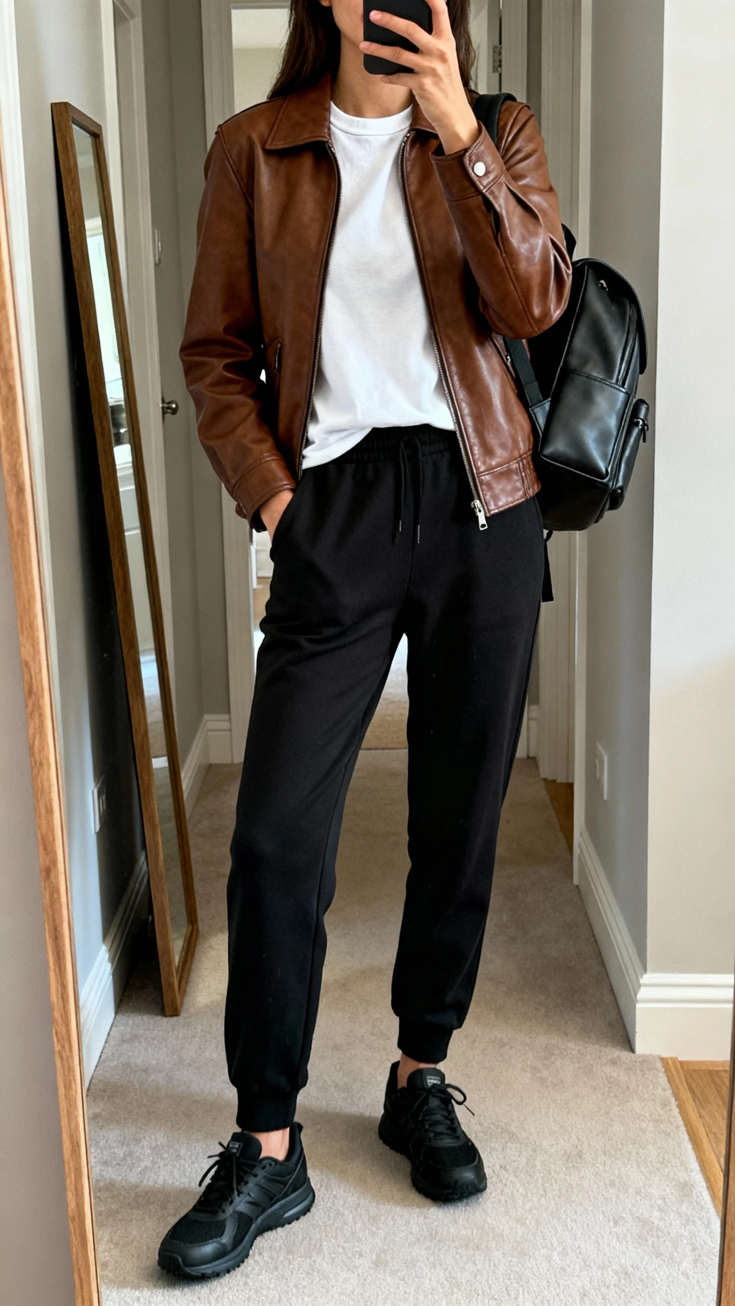 iPhone mirror selfie of a woman wearing a brown leather jacket with tailored black joggers, a white crewneck tee, sleek black trainers, and a structured black backpack, face not visible, side angle, entryway full-length mirror with natural daylight, iPhone photo quality.