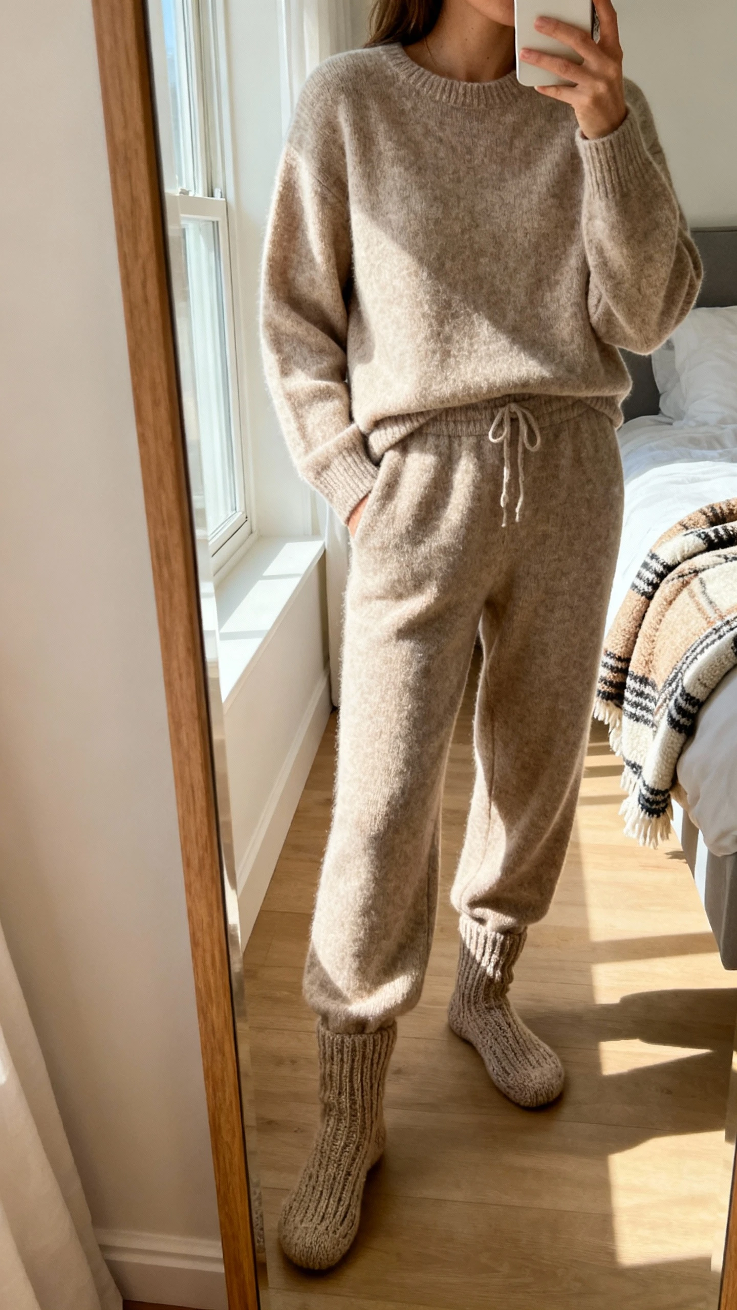 iPhone mirror selfie of a woman wearing a cashmere-soft knit lounge set with matching knit socks, face not visible, cropped at neck, bedroom mirror with cozy throw blanket in view, morning window light, iPhone photo quality.