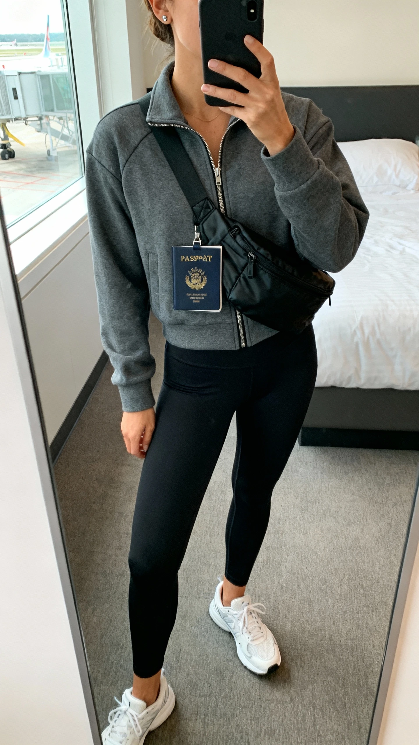 iPhone mirror selfie of a woman wearing a charcoal zip-up track jacket, black high-waisted leggings, lightweight white sneakers, a sleek black nylon crossbody worn across the chest, minimal stud earrings, and a compact passport wallet clipped to the strap, face not visible, cropped at neck, airport-style bedroom mirror, morning window light, iPhone photo quality
