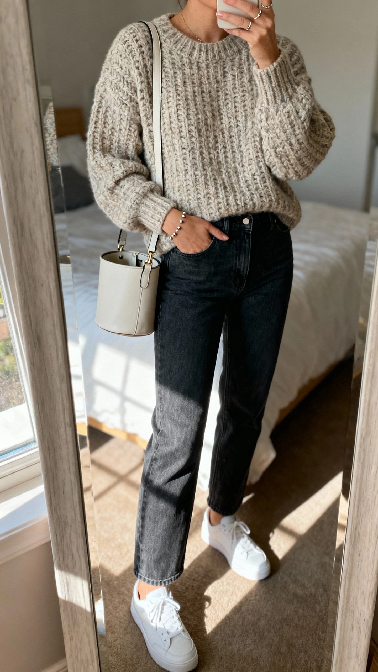 iPhone mirror selfie of a woman wearing a chunky knit sweater, straight-leg jeans, white sneakers, simple studs, and a chic bucket bag on the shoulder, face not visible, cropped at neck, casual bedroom mirror with natural window light, iPhone photo quality.