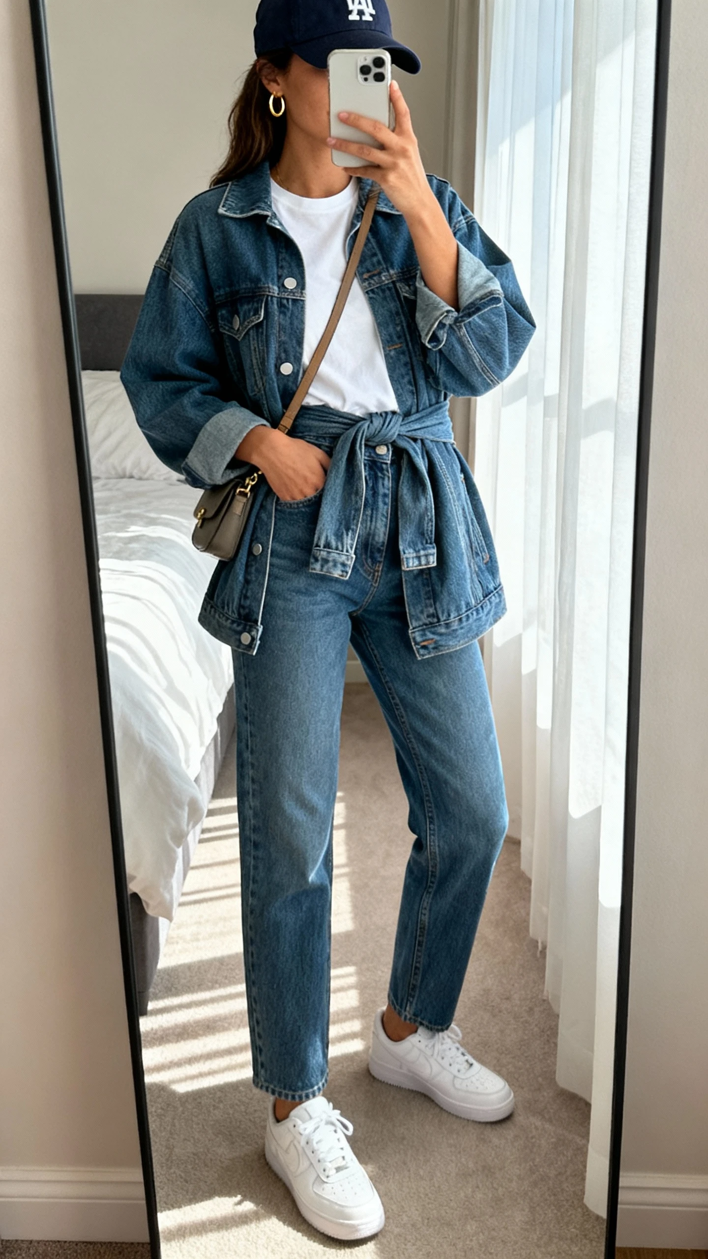 iPhone mirror selfie of a woman wearing a classic baseball cap, relaxed white tee tucked into high-waisted straight-leg jeans, oversized denim jacket tied at the waist, white sneakers, minimal gold hoops, small crossbody bag, face not visible, cropped at neck, bedroom mirror, soft morning window light, iPhone photo quality.