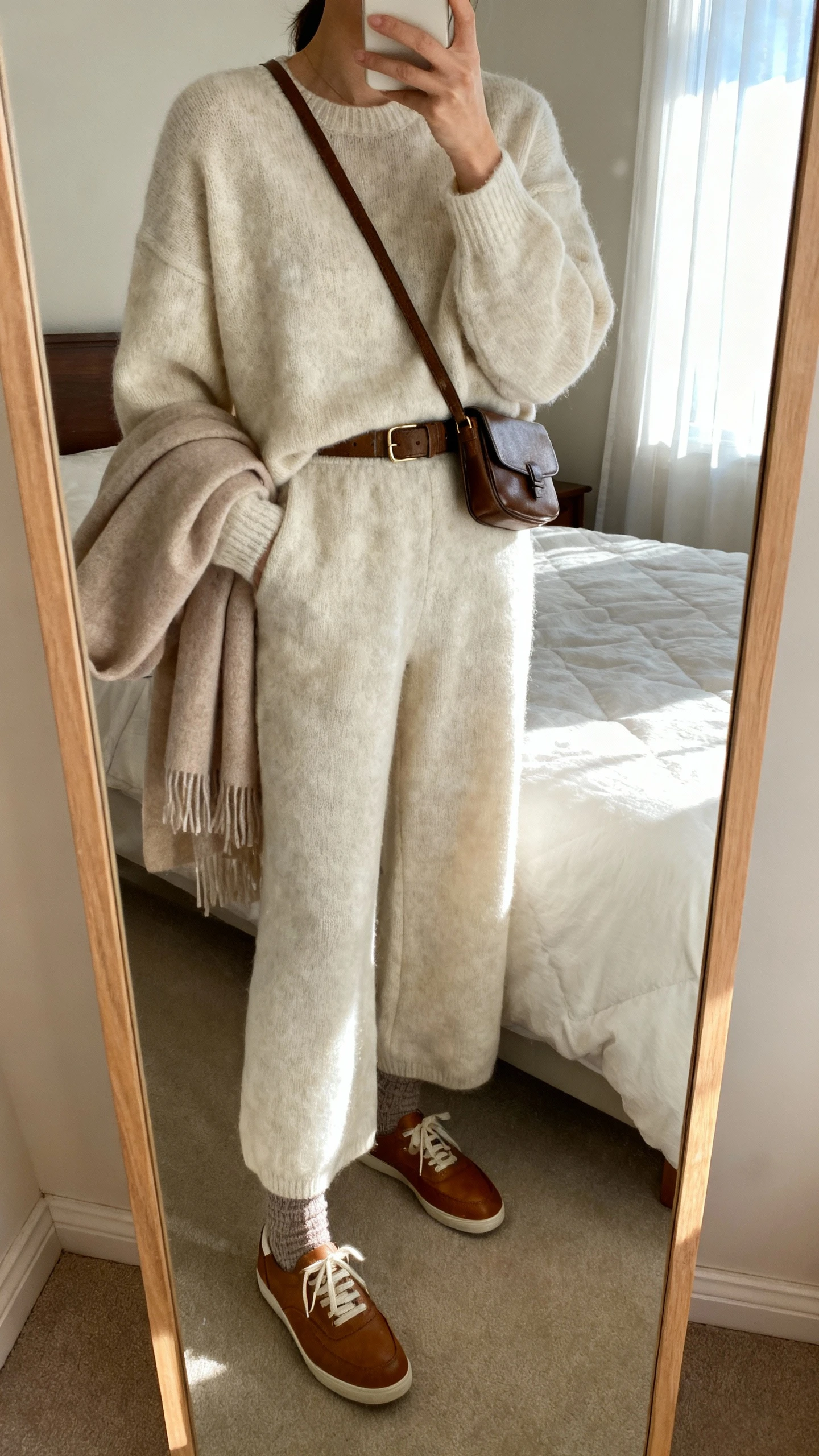 iPhone mirror selfie of a woman wearing a cloud-soft matching knit set (relaxed knit pullover and wide-leg knit pants) with cozy socks, slip-on leather sneakers, crossbody belt bag, and lightweight cashmere wrap, face not visible, cropped at neck, bedroom mirror, morning window light, iPhone photo quality.
