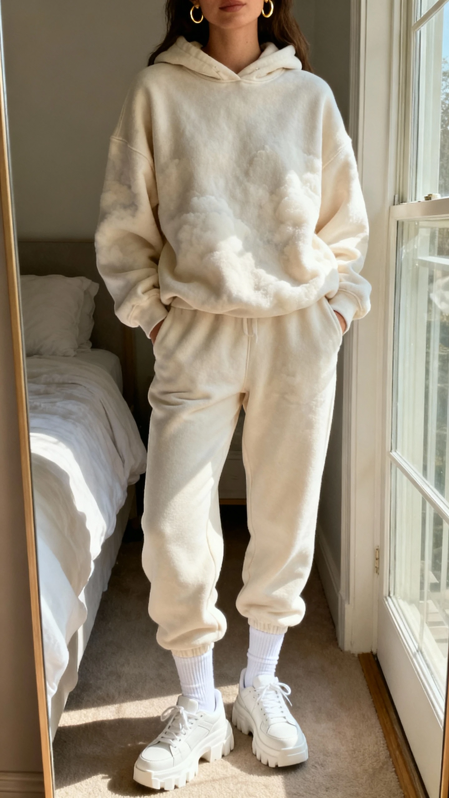 iPhone mirror selfie of a woman wearing a cloud-soft matching sweatsuit set (relaxed hoodie and joggers) with clean white crew socks and chunky white sneakers, minimal gold hoop earrings, face not visible, cropped at neck, bedroom mirror, soft morning window light, iPhone photo quality