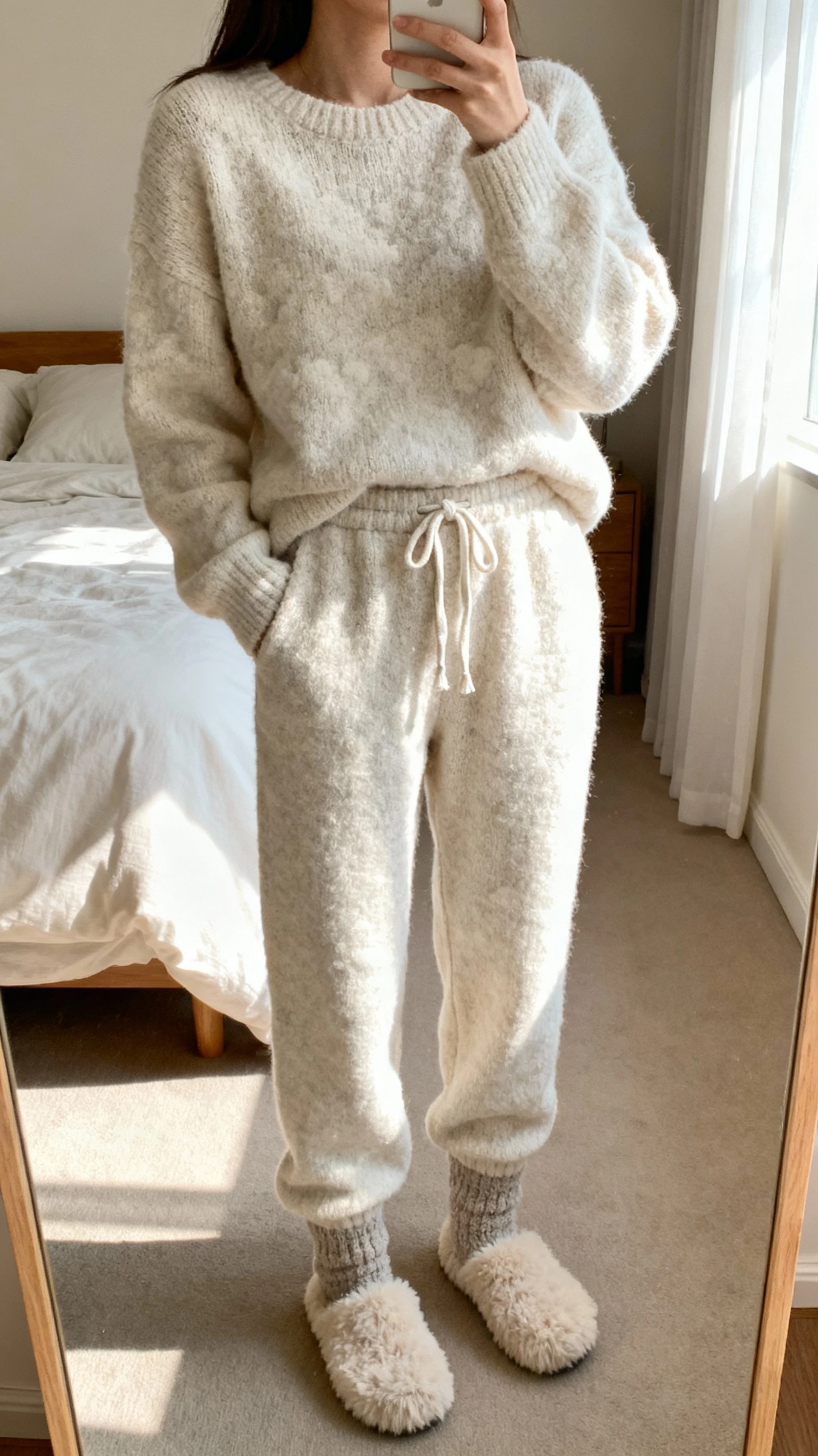 iPhone mirror selfie of a woman wearing a cloud-soft matching knit set (cozy knit pullover and drawstring knit pants) with fuzzy socks, face not visible, cropped at neck, bedroom mirror, morning window light, iPhone photo quality.