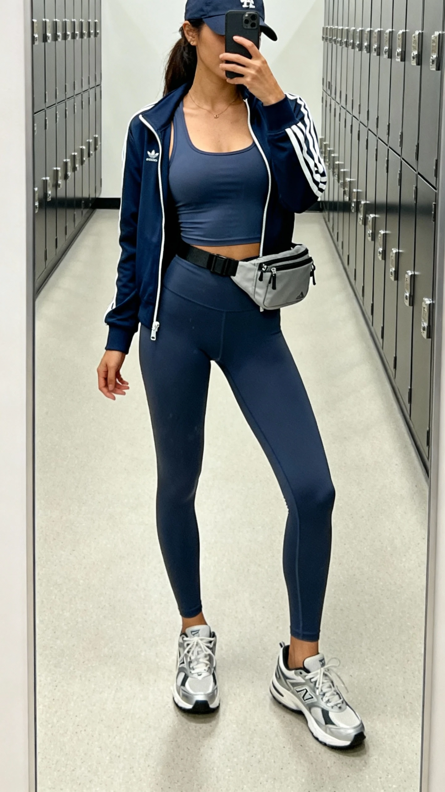 iPhone mirror selfie of a woman wearing a coordinated athleisure set (high-waist leggings and a matching zip-up track jacket over a fitted tank), sleek trainers, a baseball cap, and a belt bag worn crossbody; face not visible, cropped at neck, gym locker-room mirror with bright indoor lighting, iPhone photo quality.