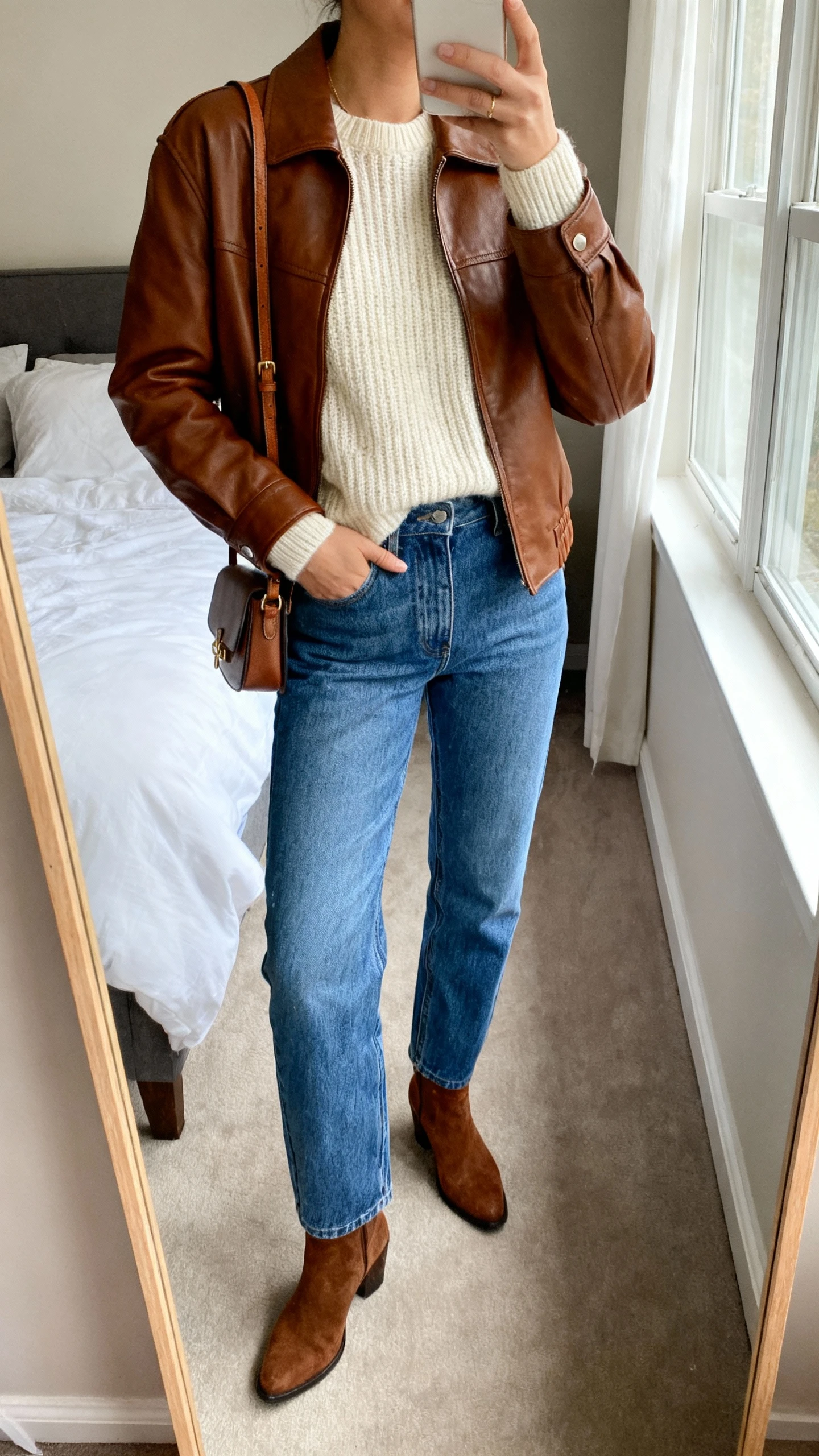 iPhone mirror selfie of a woman wearing a cream knit sweater, straight-leg blue jeans, brown leather jacket, and brown ankle boots with a small crossbody bag, face not visible, cropped at neck, bedroom mirror, natural window light, iPhone photo quality