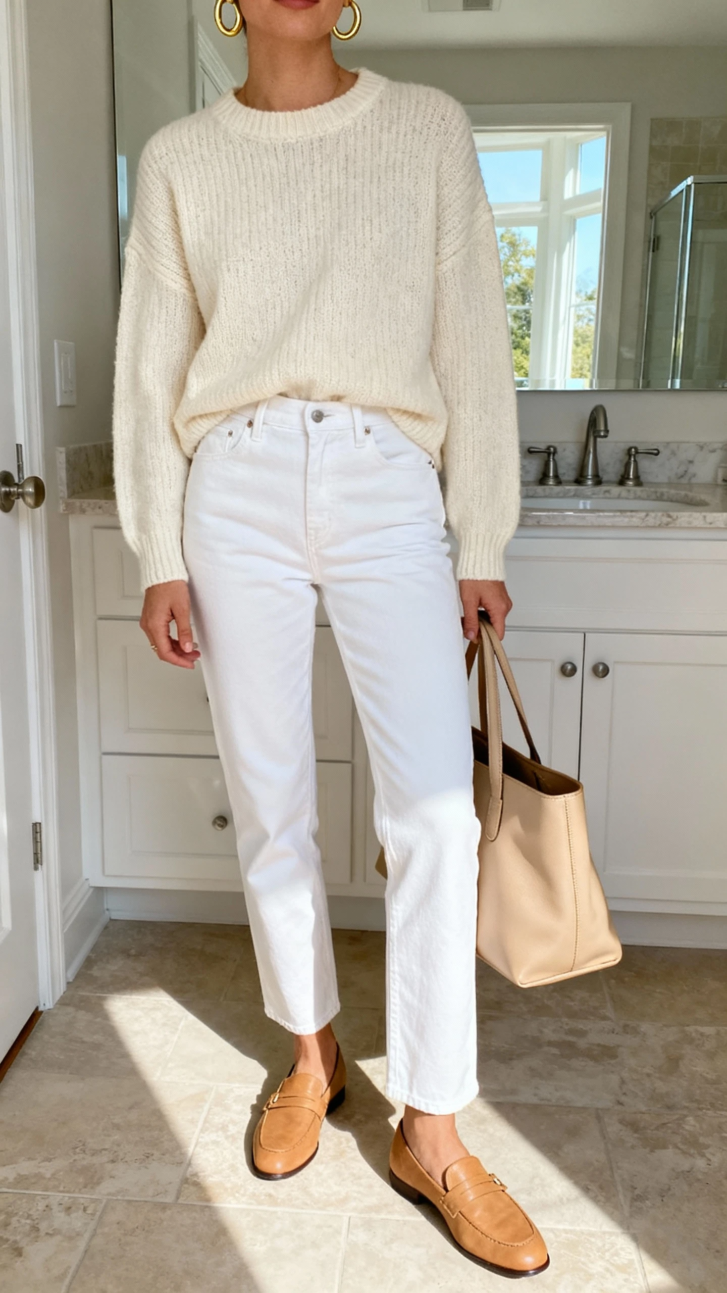 iPhone mirror selfie of a woman wearing a cream knit sweater tucked into crisp white straight-leg jeans with tan loafers and a simple gold hoop earring peek plus a beige leather tote, face not visible, cropped at shoulders, bathroom mirror, bright natural daylight, iPhone photo quality.