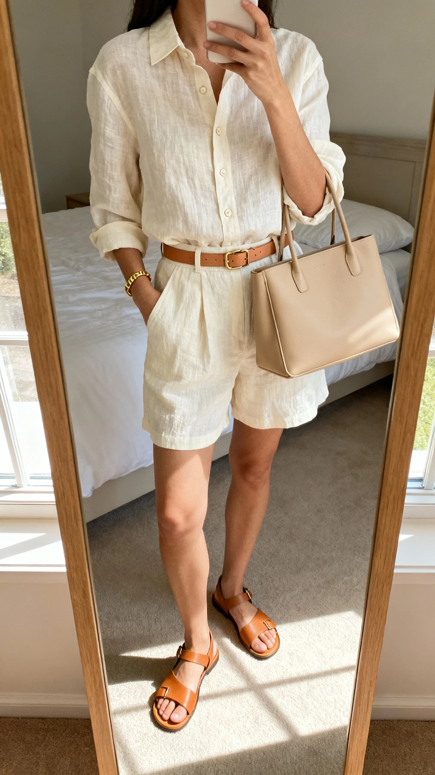 iPhone mirror selfie of a woman wearing a cream linen button-up and matching high-waist linen shorts, tan leather sandals, slim tan belt, simple gold bracelet, and a structured beige tote; face not visible, cropped at shoulders, sunlit bedroom mirror, natural window light, iPhone photo quality.