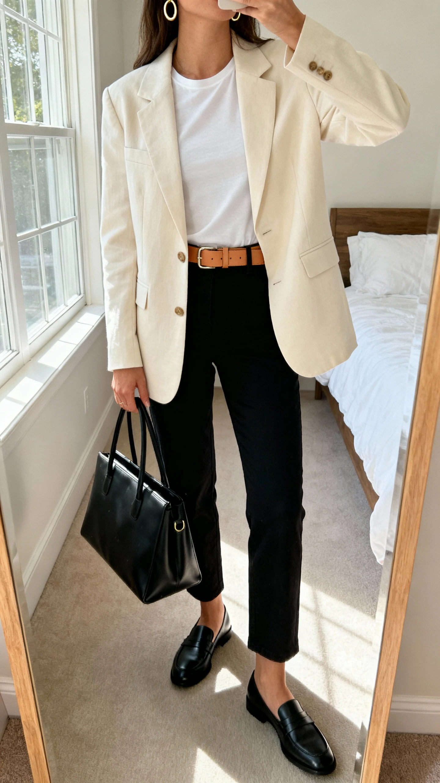 iPhone mirror selfie of a woman wearing a cream tailored blazer over a white fitted tee, black straight-leg trousers, tan leather belt, minimalist gold hoop earrings, sleek black loafers, and a structured black tote, face not visible, cropped at neck, bedroom mirror with natural window light, iPhone photo quality.