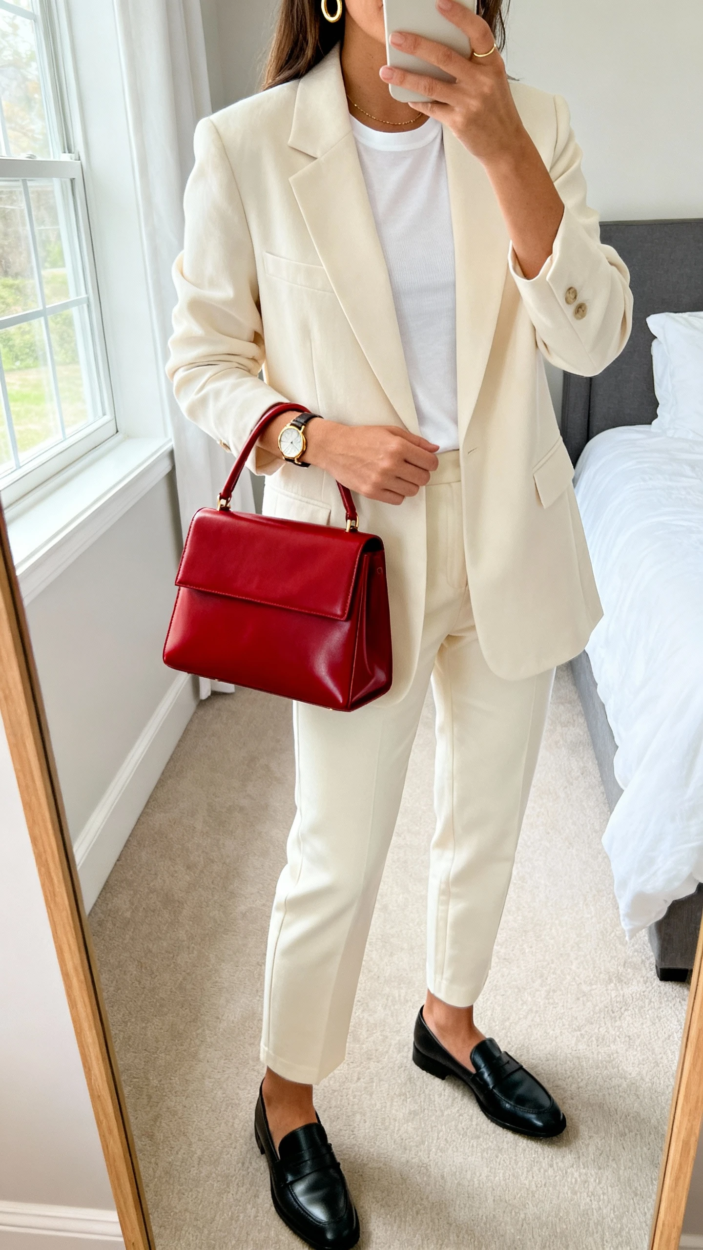 iPhone mirror selfie of a woman wearing a cream tailored blazer, matching cream straight-leg trousers, white fitted tee, sleek black leather loafers, delicate gold hoops and watch, carrying a bold cherry-red structured statement bag, face not visible, cropped at neck, bedroom mirror with natural window light, iPhone photo quality.